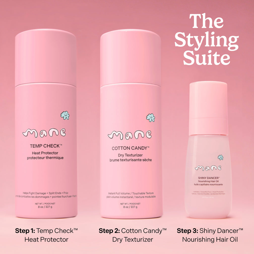 Three pink hair care products from the brand 'mane' on a pink background with 'The Styling Suite' text.