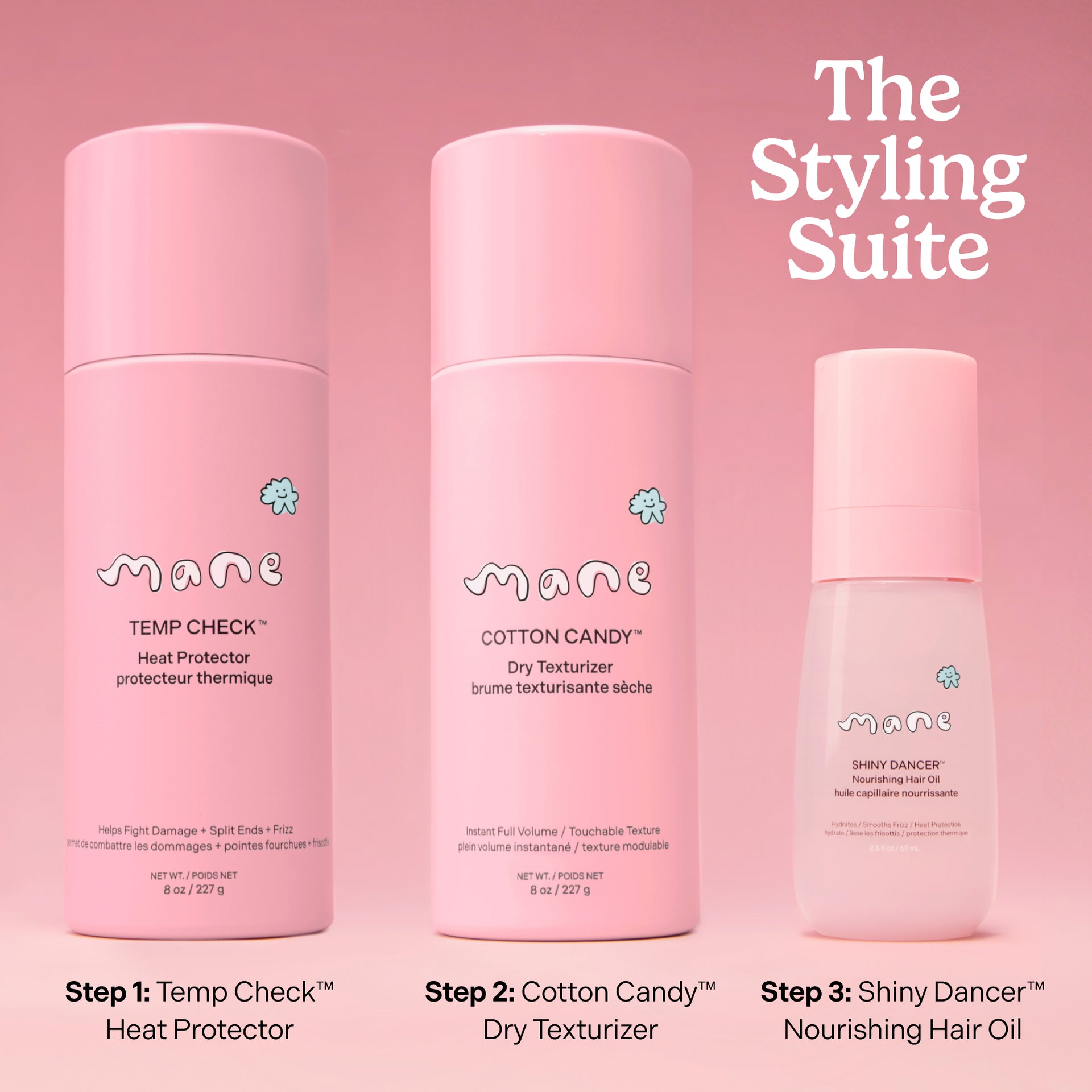Three pink hair care products from the brand 'mane' on a pink background with 'The Styling Suite' text.