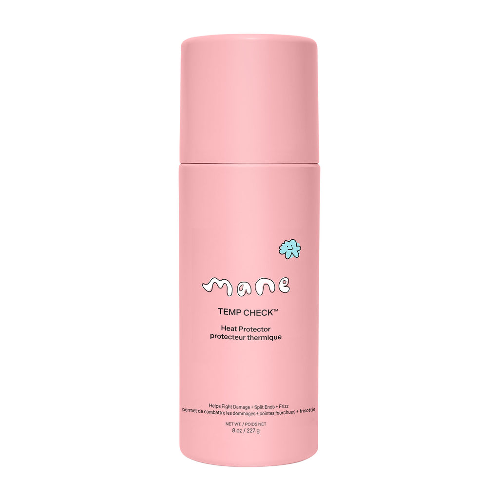 Pink bottle of 'Temp Check' heat protector by 'mane' on a white background