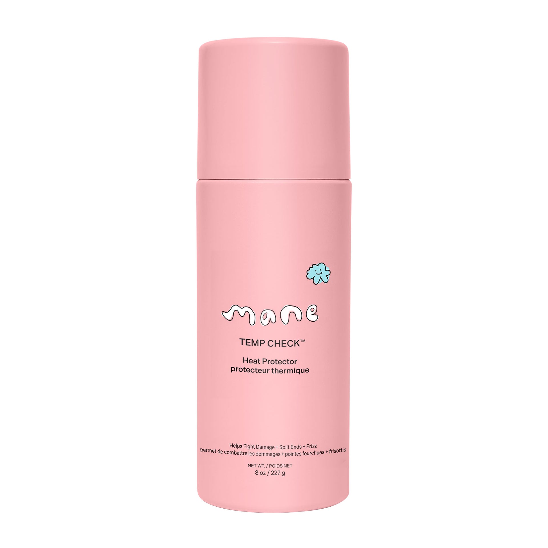 Pink bottle of 'Temp Check' heat protector by 'mane' on a white background