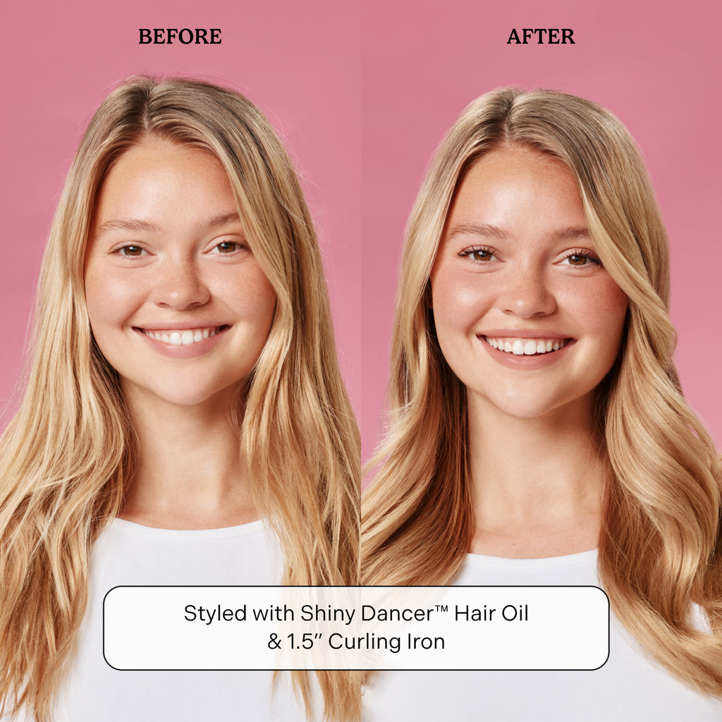 Before and after comparison of hair styled with Shiny Dancer Hair Oil and a curling iron on a pink background.