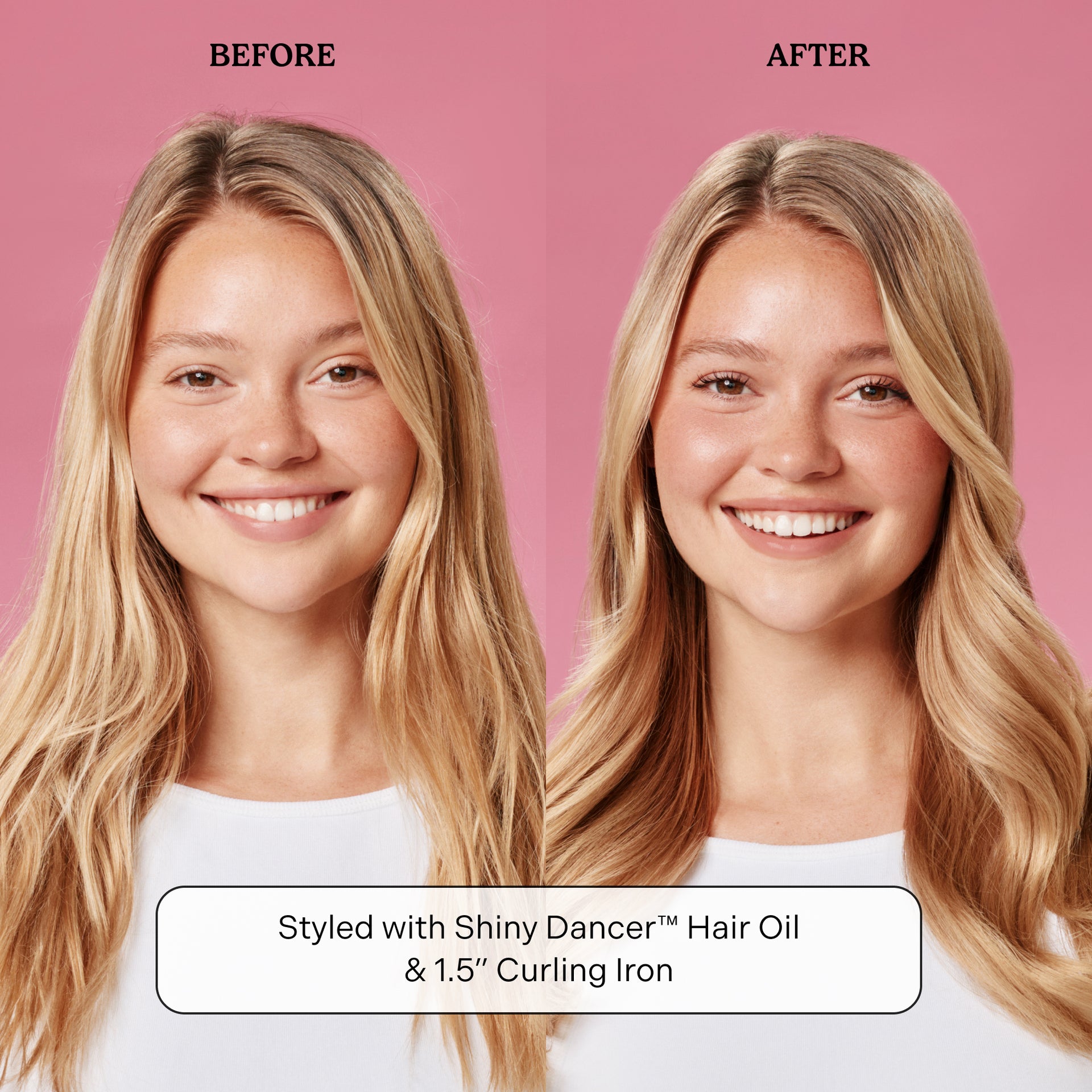 Before and after comparison of hair styled with Shiny Dancer Hair Oil and a curling iron on a pink background.