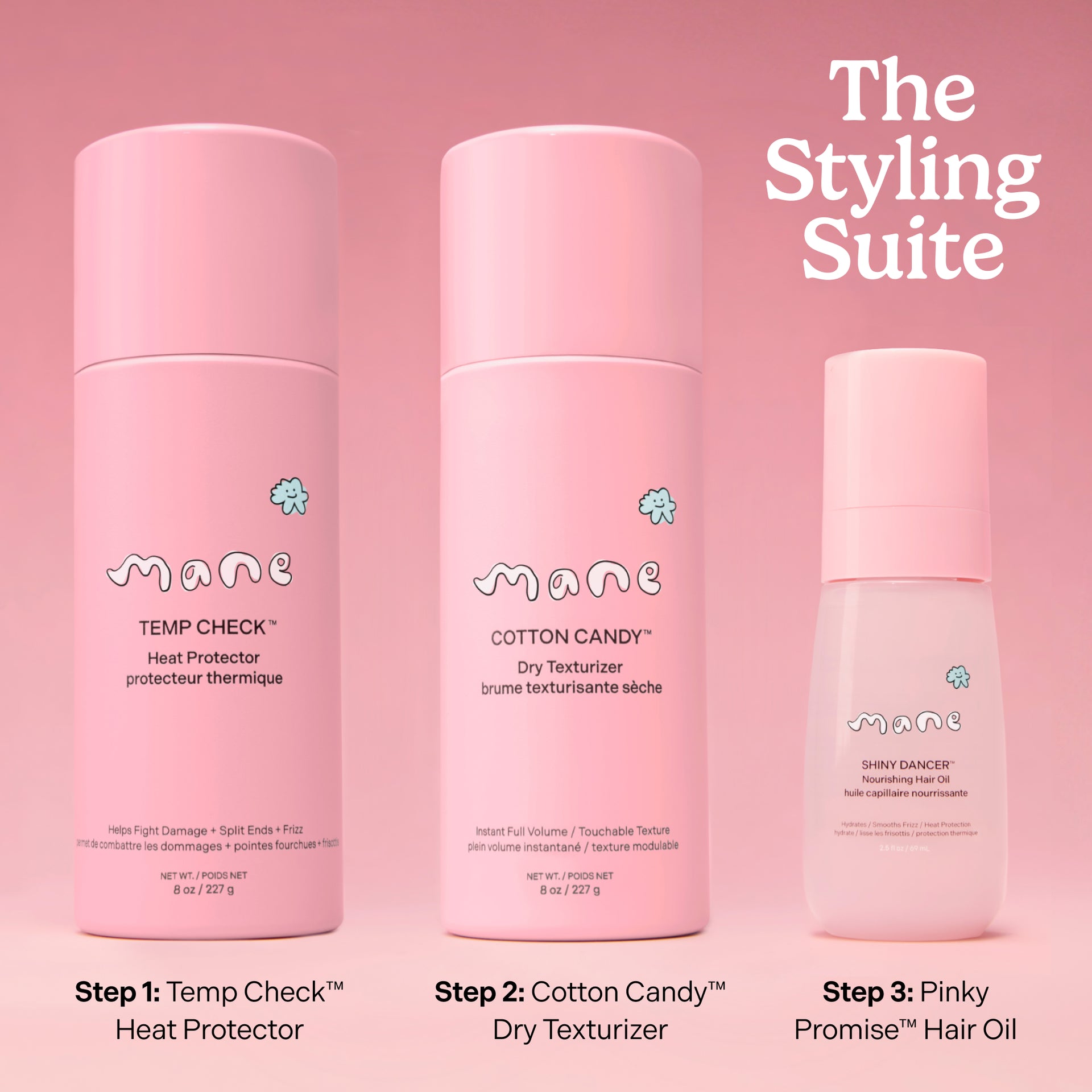 Three pink hair care products with 'The Styling Suite' branding on a pink background.