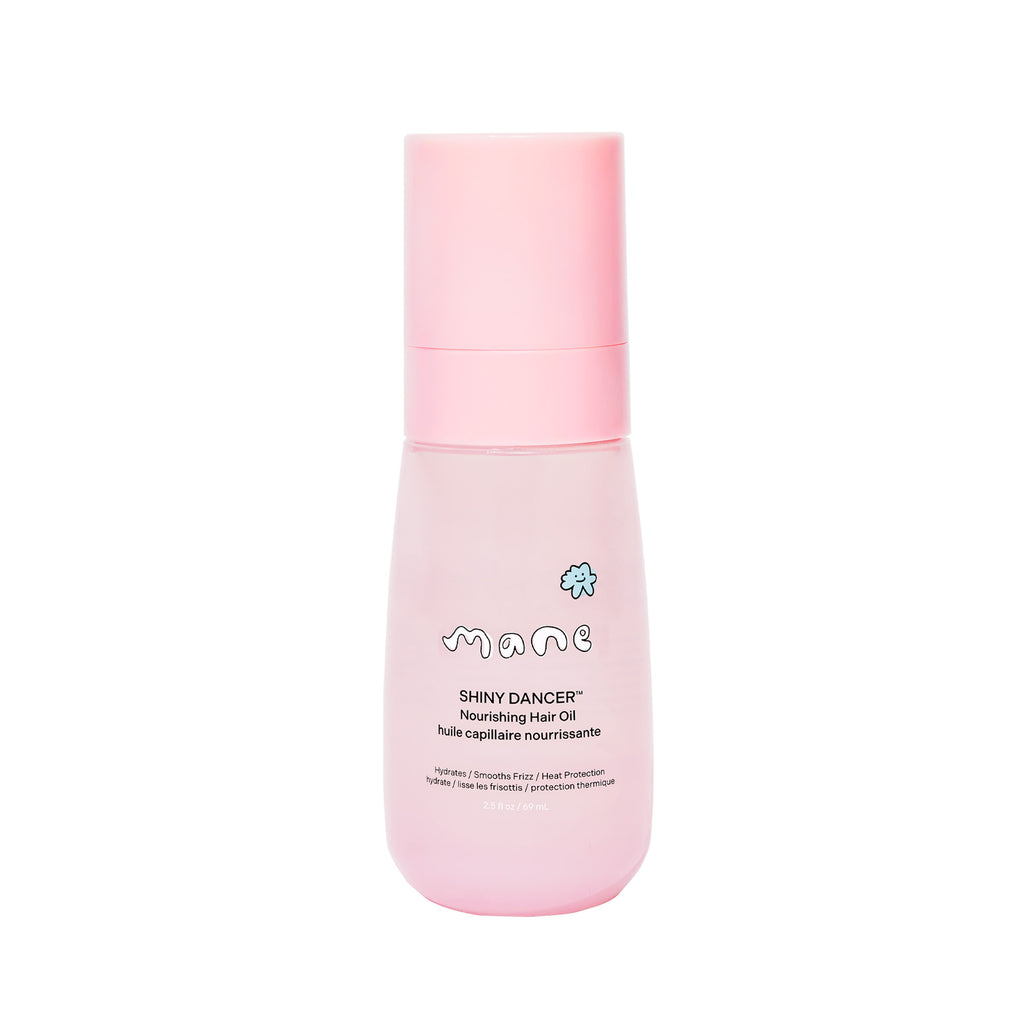 Pink bottle of Shiny Dancer nourishing hair oil on a white background