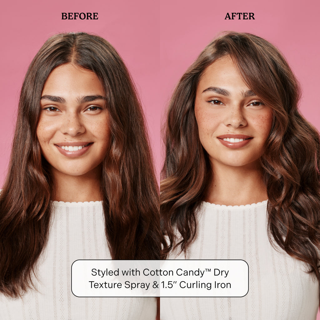 Before and after comparison of styled hair with Cotton Candy Dry Texture Spray and 1.5" Curling Iron on a pink background.