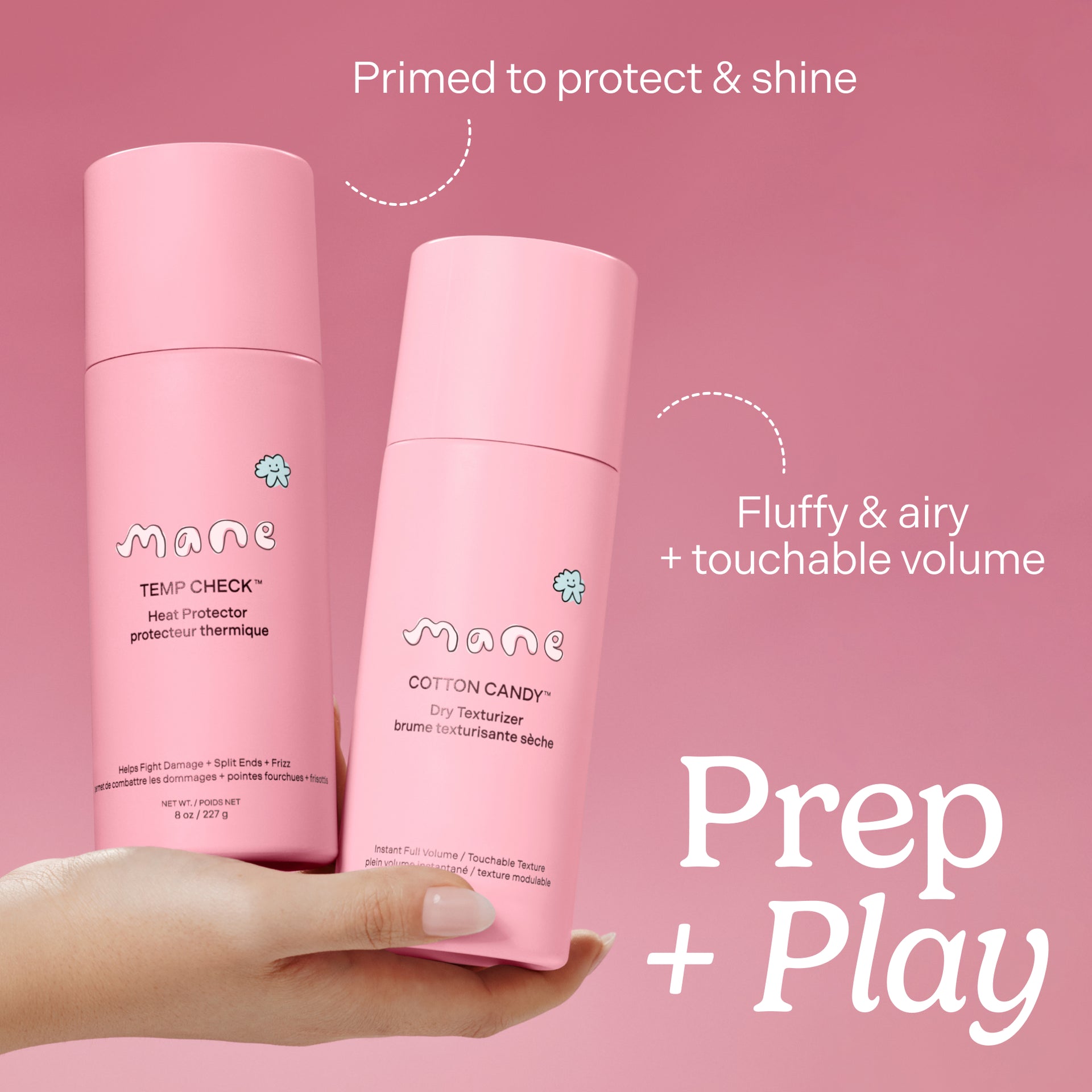Two pink hair care products, temp check and cotton candy texturizer spray held by a hand with promotional text on a pink background. Prep and Play 