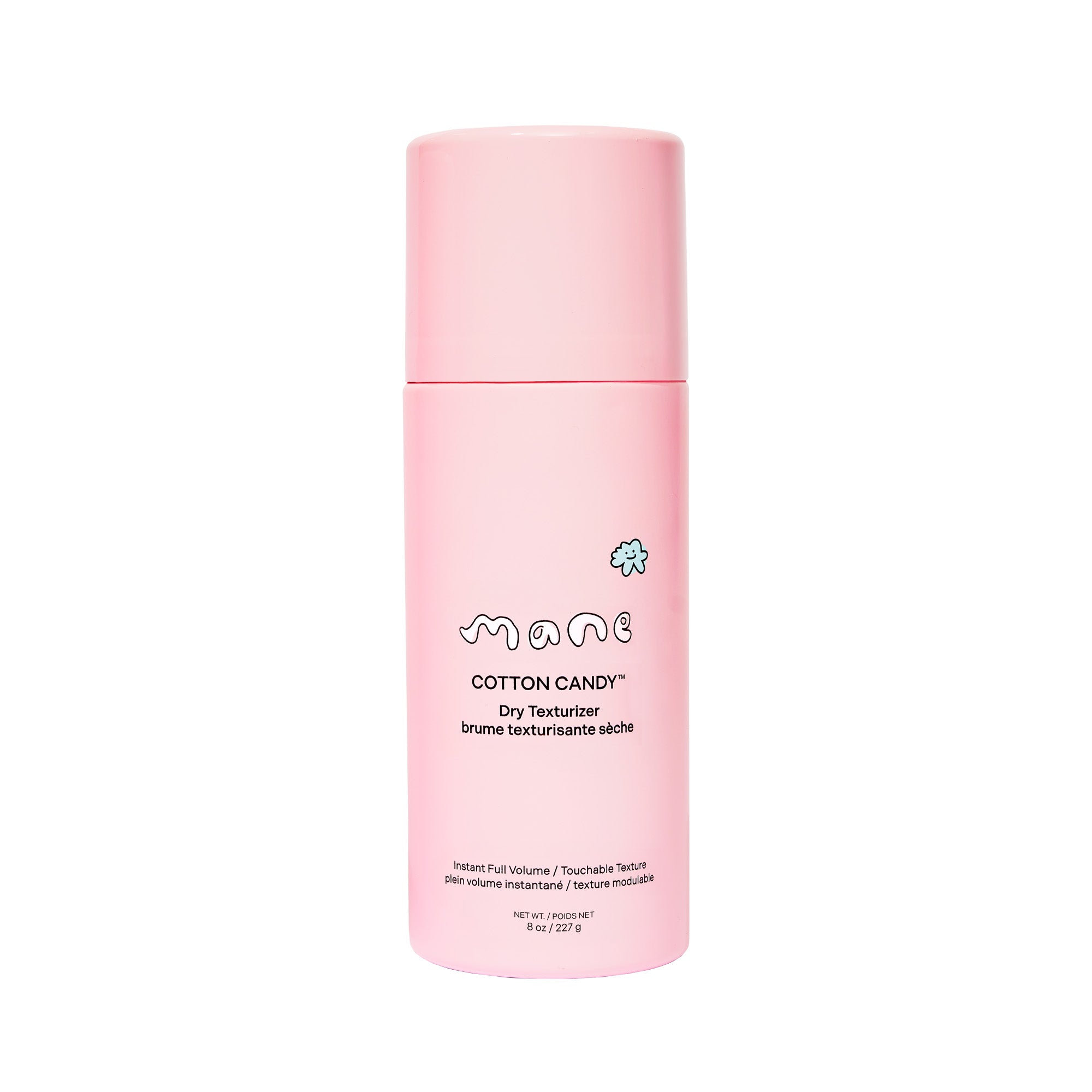 Pink bottle of 'Cotton Candy' dry texturizer by mane on a white background