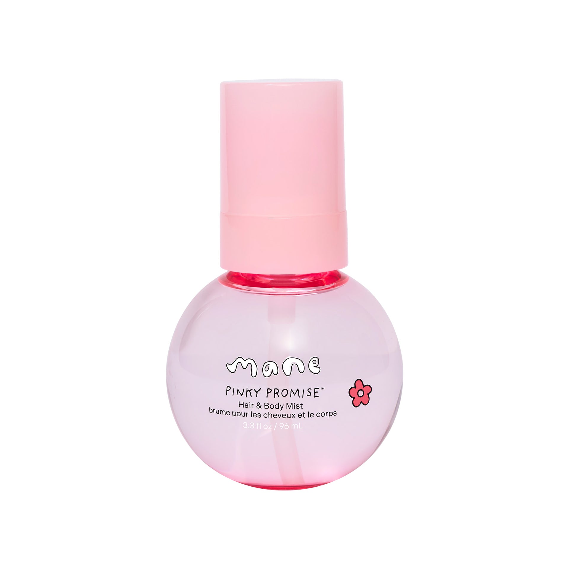 Pink bottle of 'Pinky Promise' hair and body mist by mane on a white background