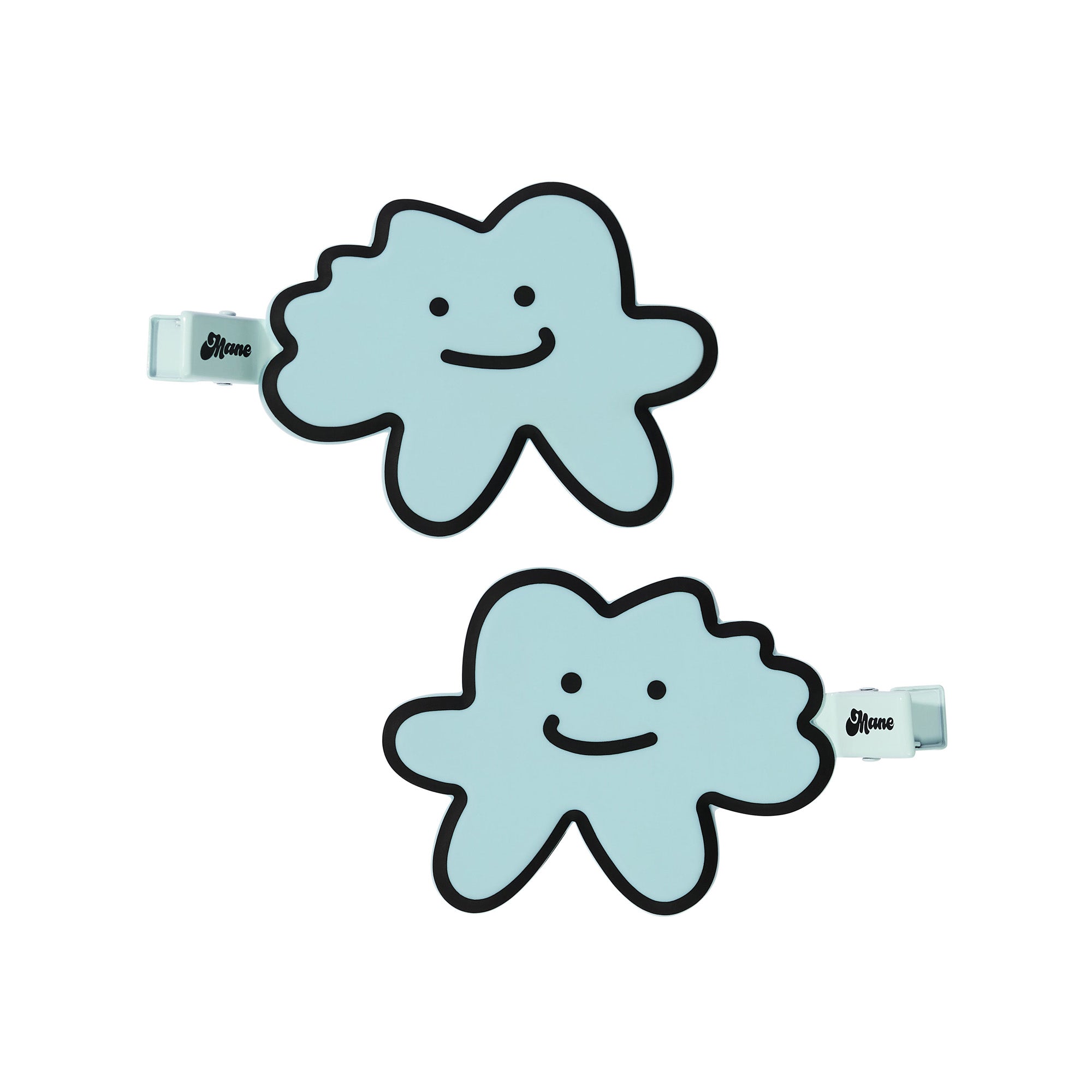 Two blue cloud-shaped clips with smiling faces on a white background