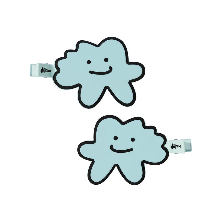 Two blue cloud-shaped clips with smiling faces on a white background