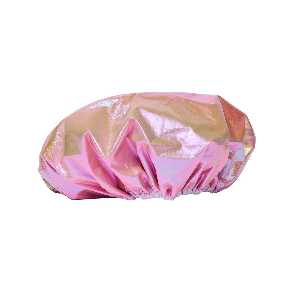 Pink and gold metallic shower cap on a white background