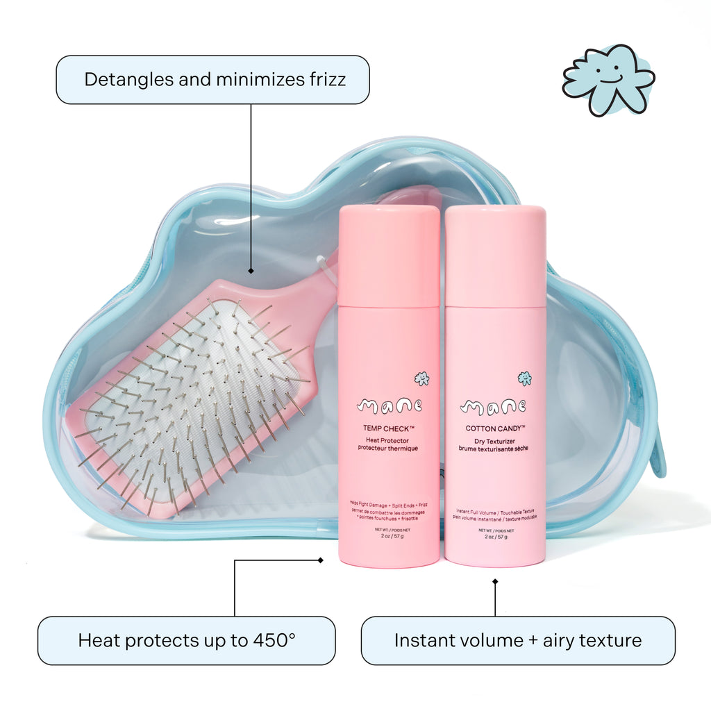 Mane product set with hairbrush and bottles on a white background