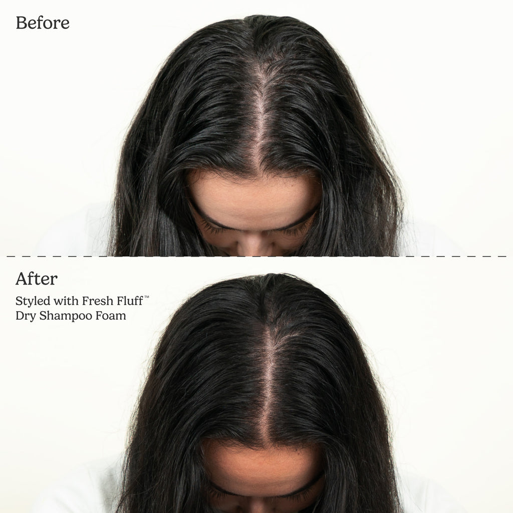 Comparison of hair before and after using Fresh Fluff Dry Shampoo Foam.