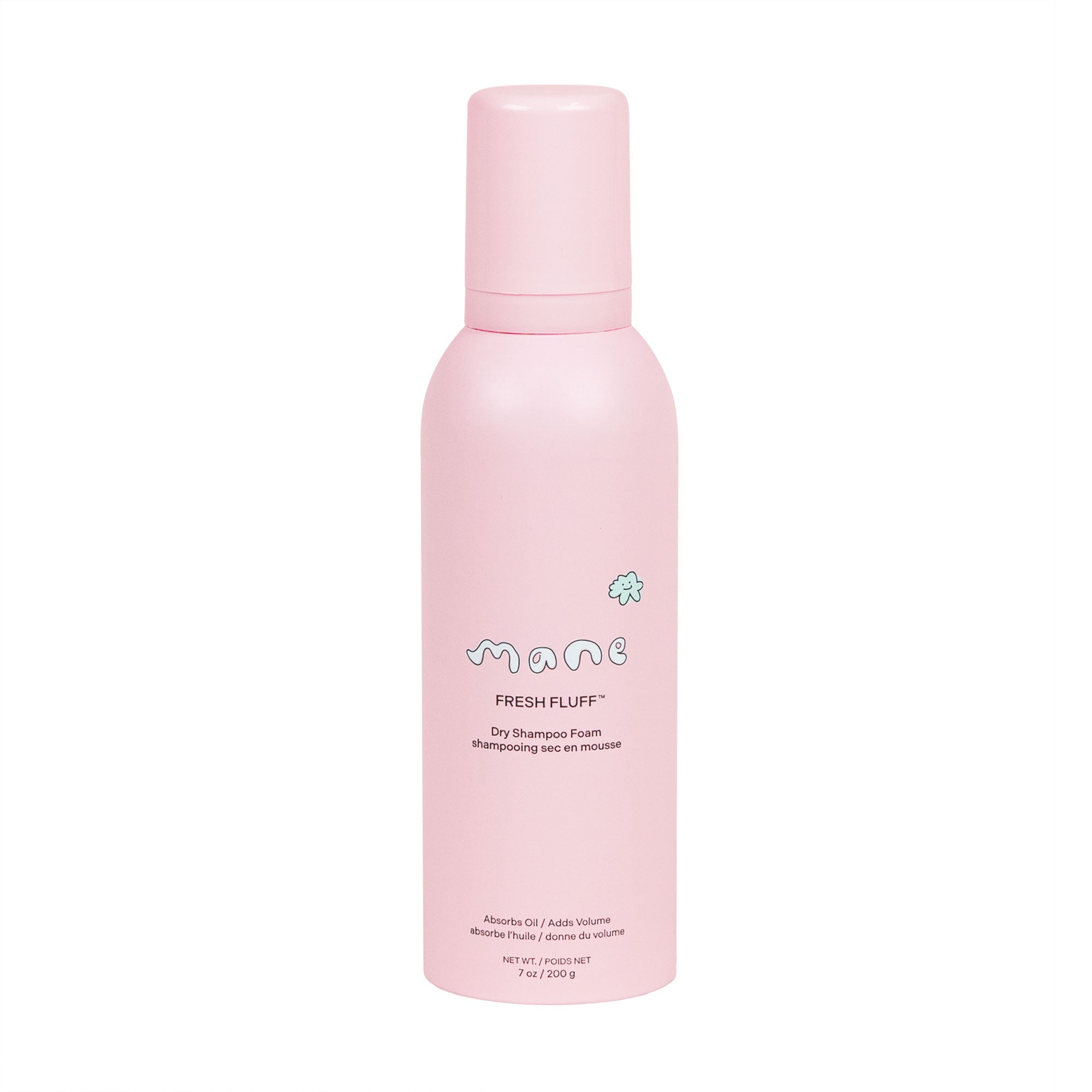 Pink bottle of 'Fresh Fluff' dry shampoo foam on a white background