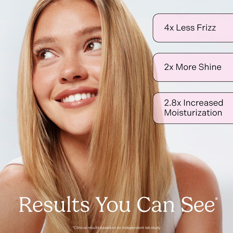 Woman with smooth blonde hair and text highlighting hair product benefits on a light background