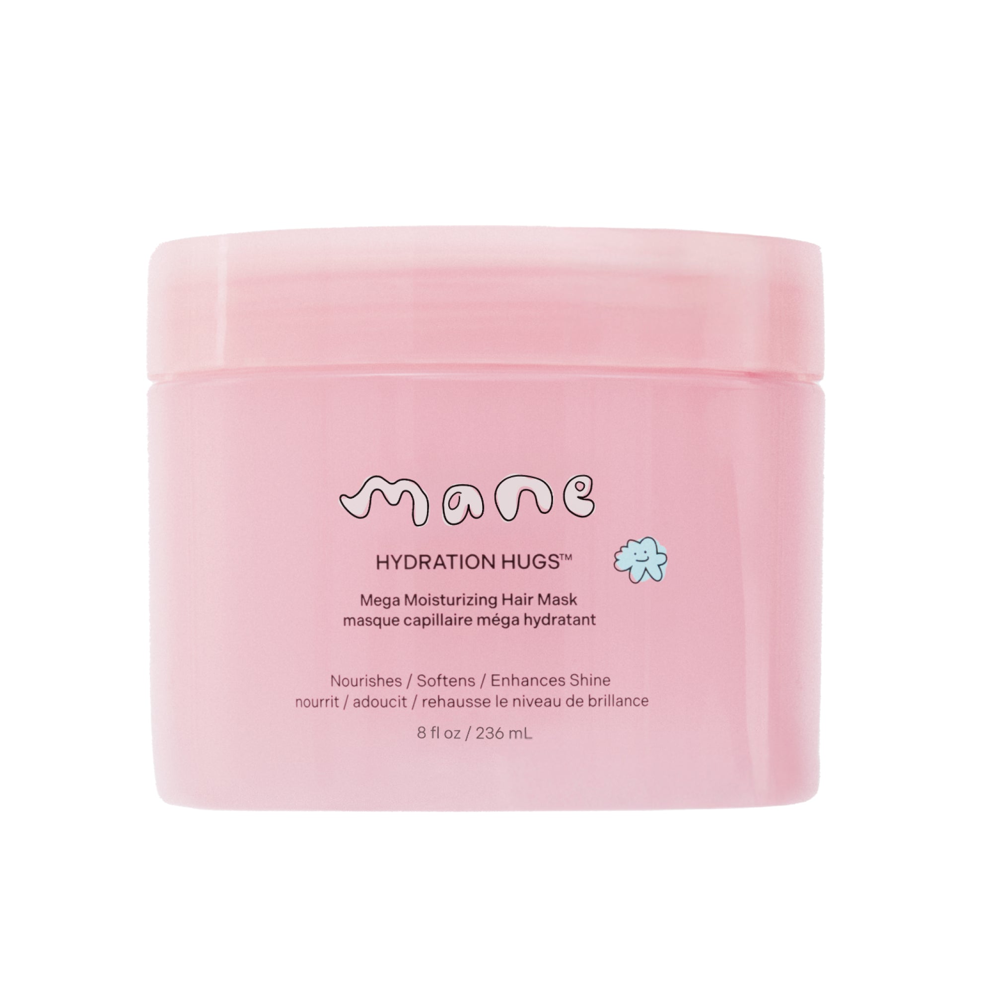 Pink hair mask container labeled 'Mane Hydration Hugs' on a white background
