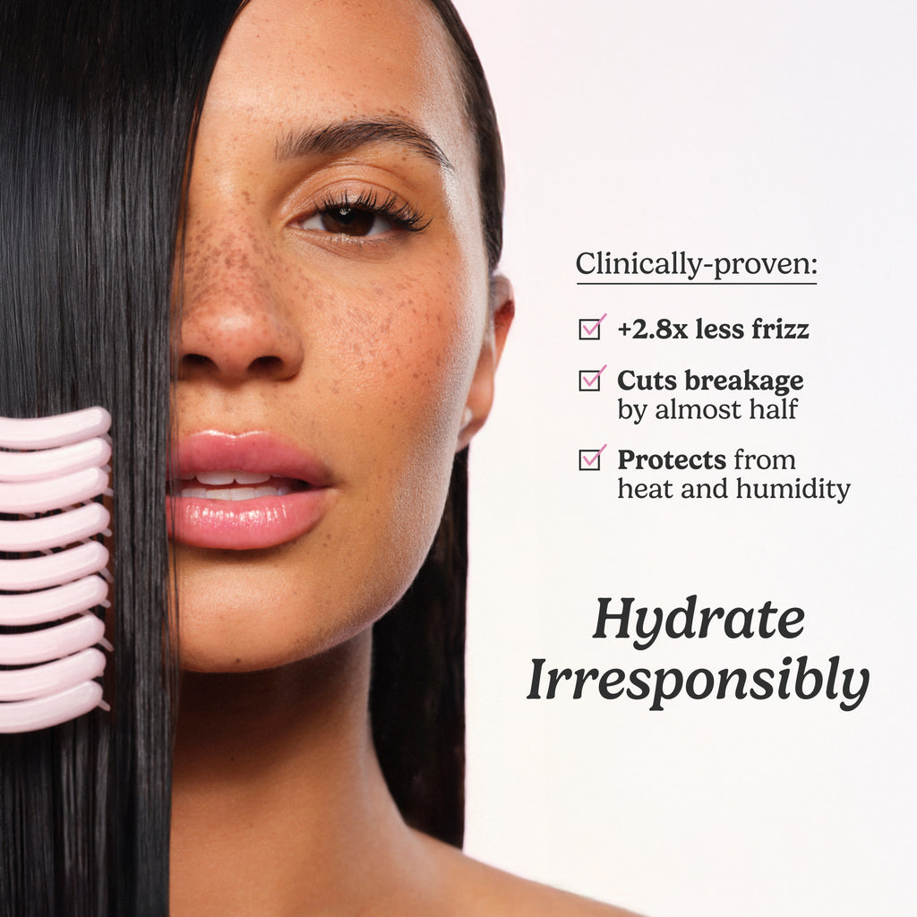 Woman with styled hair and text about hair care benefits on a white background