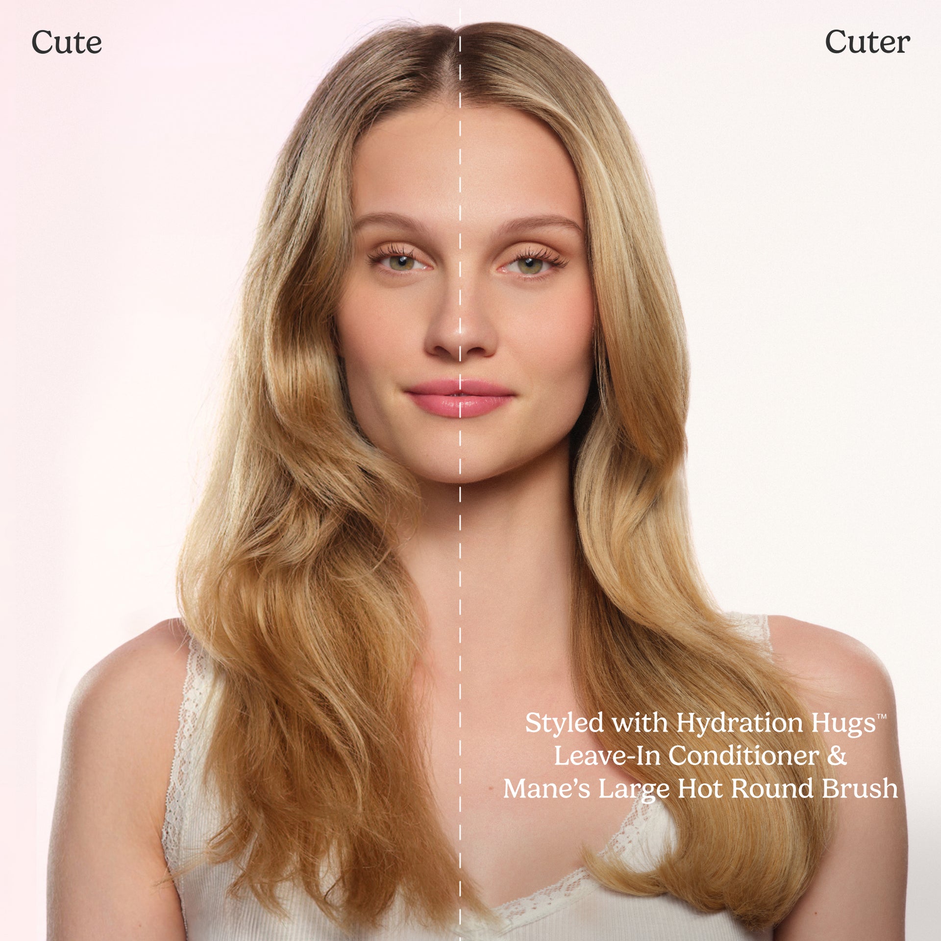 Woman with styled blonde hair, labeled 'Cute' and 'Cuter', using Hydration Hugs product.