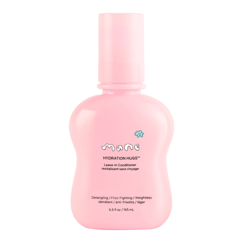 Pink bottle of 'Hydration Hugs' leave-in conditioner on a white background