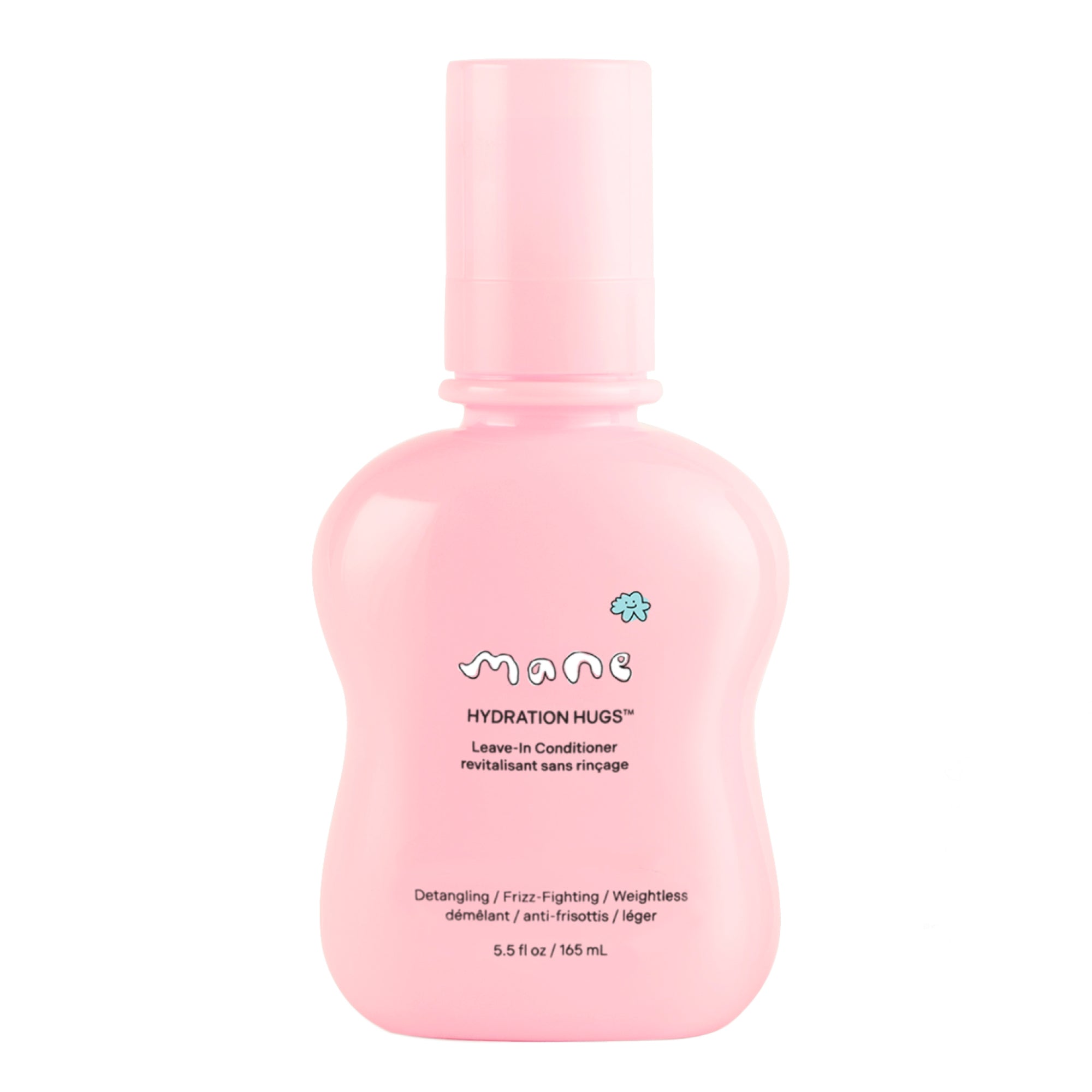 Pink bottle of 'Hydration Hugs' leave-in conditioner on a white background
