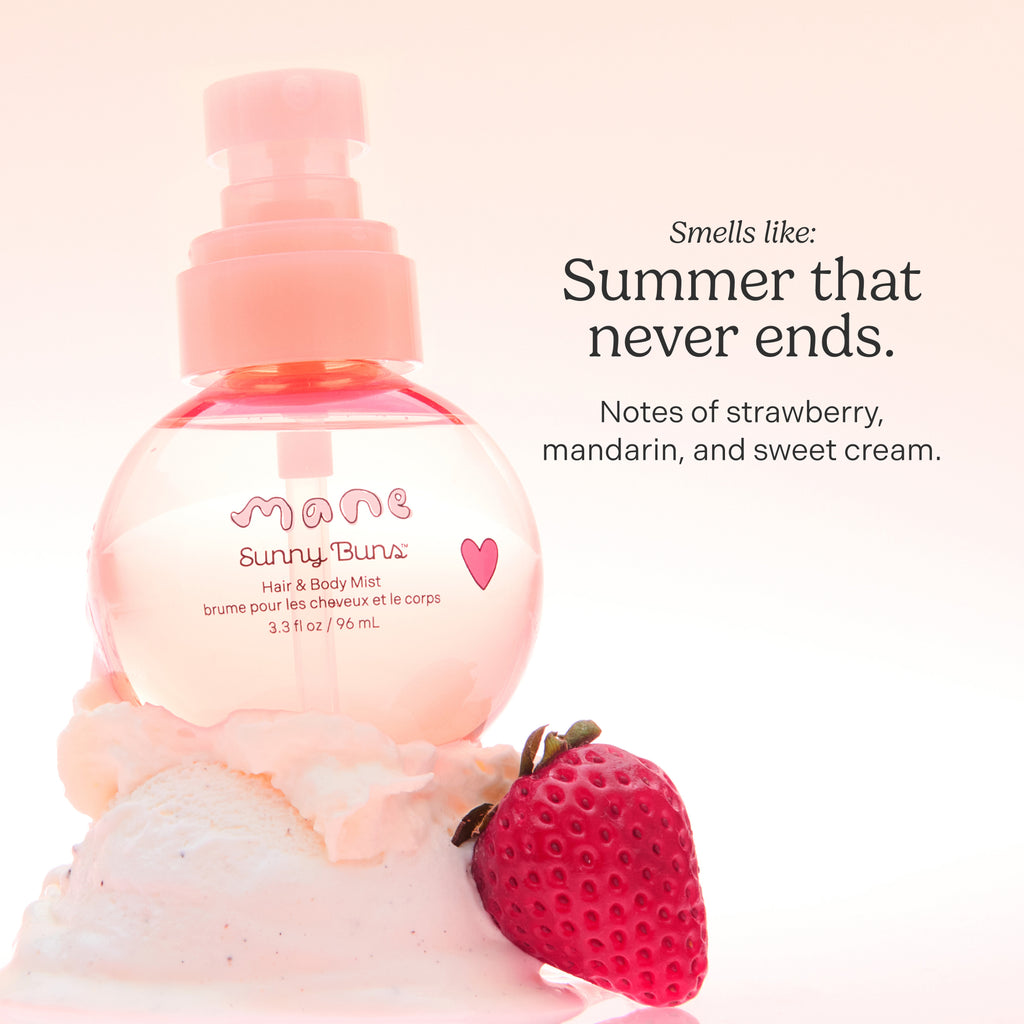 Sunny Buns bottle on a scoop of vanilla ice cream with a strawberry and text next to it that reads "Smells like:
Summer that never ends.
Notes of strawberry, mandarin, and sweet cream." 