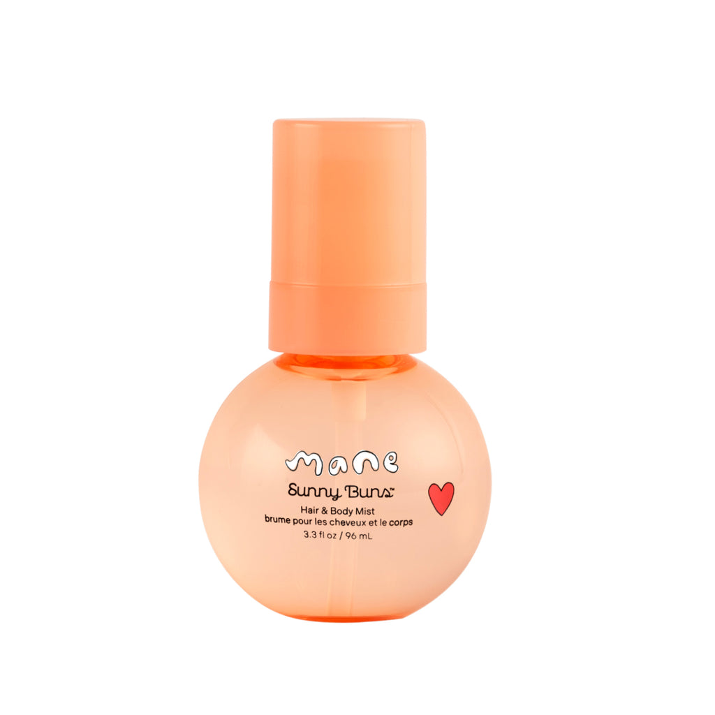 Orange bottle of Sunny Buns Mist on a white background 
