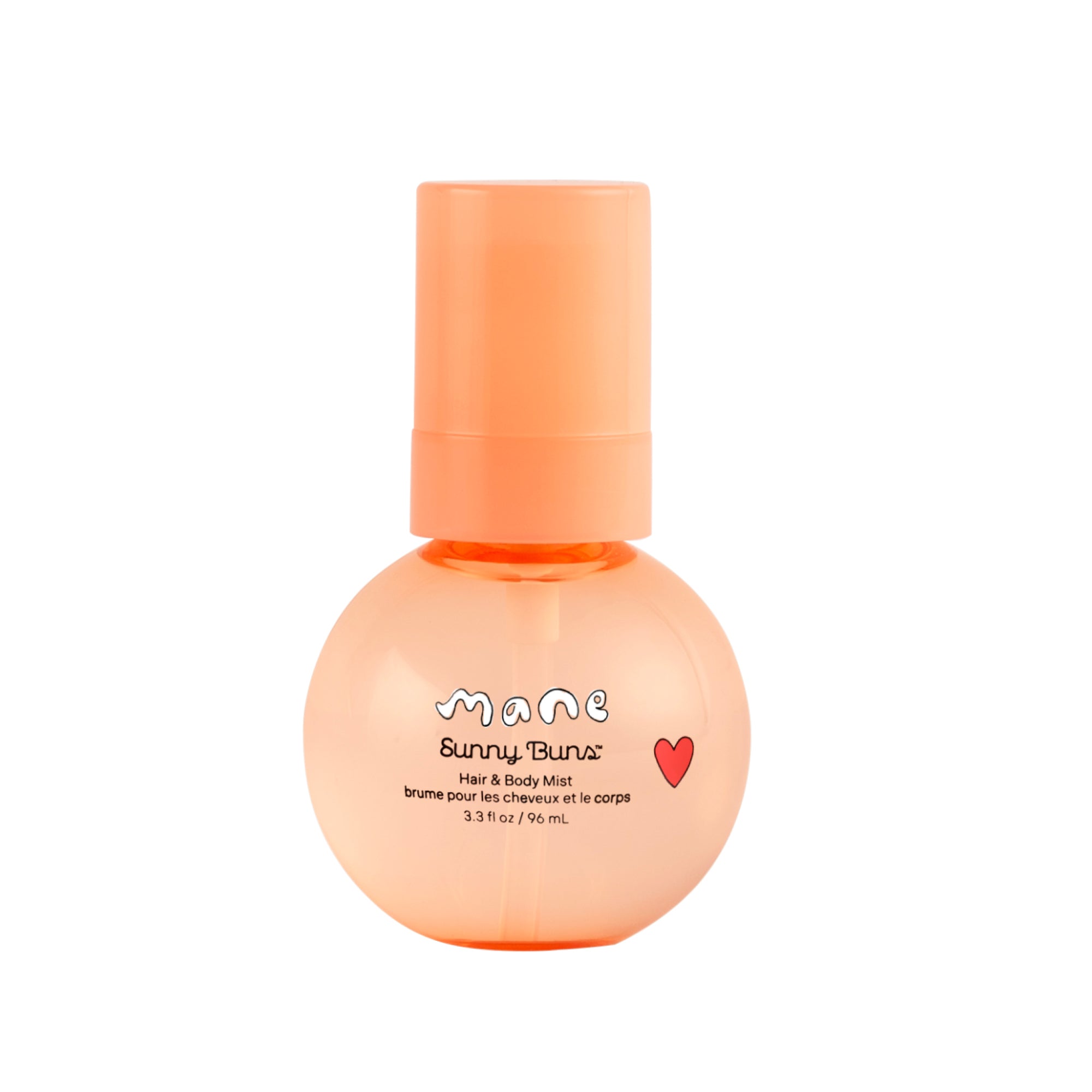 Orange bottle of Sunny Buns Mist on a white background 