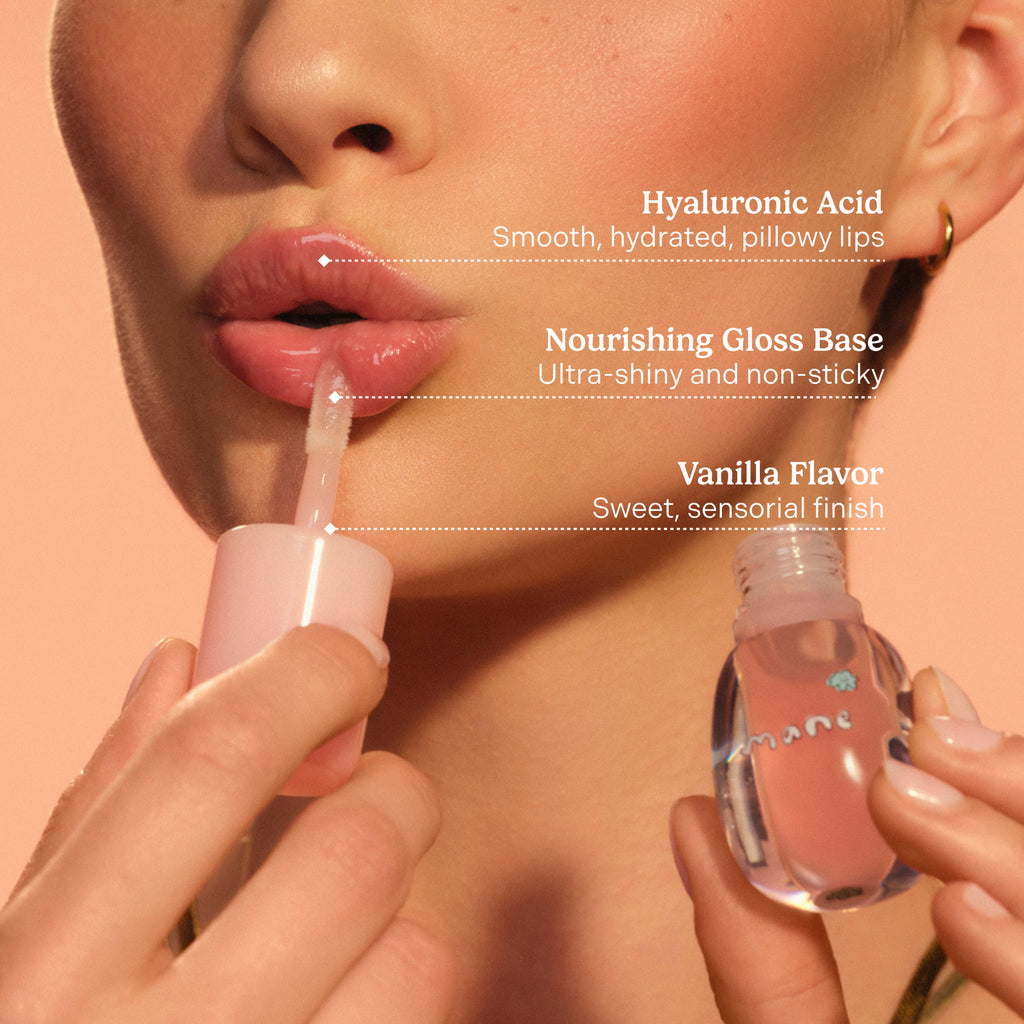Infographic of lip gloss that reads "Hyaluronic Acid
Smooth, hydrated, pillowy lips
Nourishing Gloss Base Ultra-shiny and non-sticky
Vanilla Flavor
Sweet, sensorial finish" 