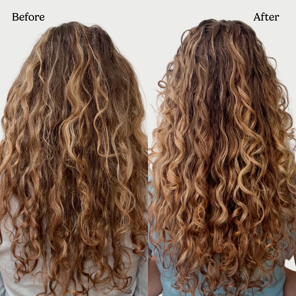 Before and after comparison of wavy hair with a neutral background