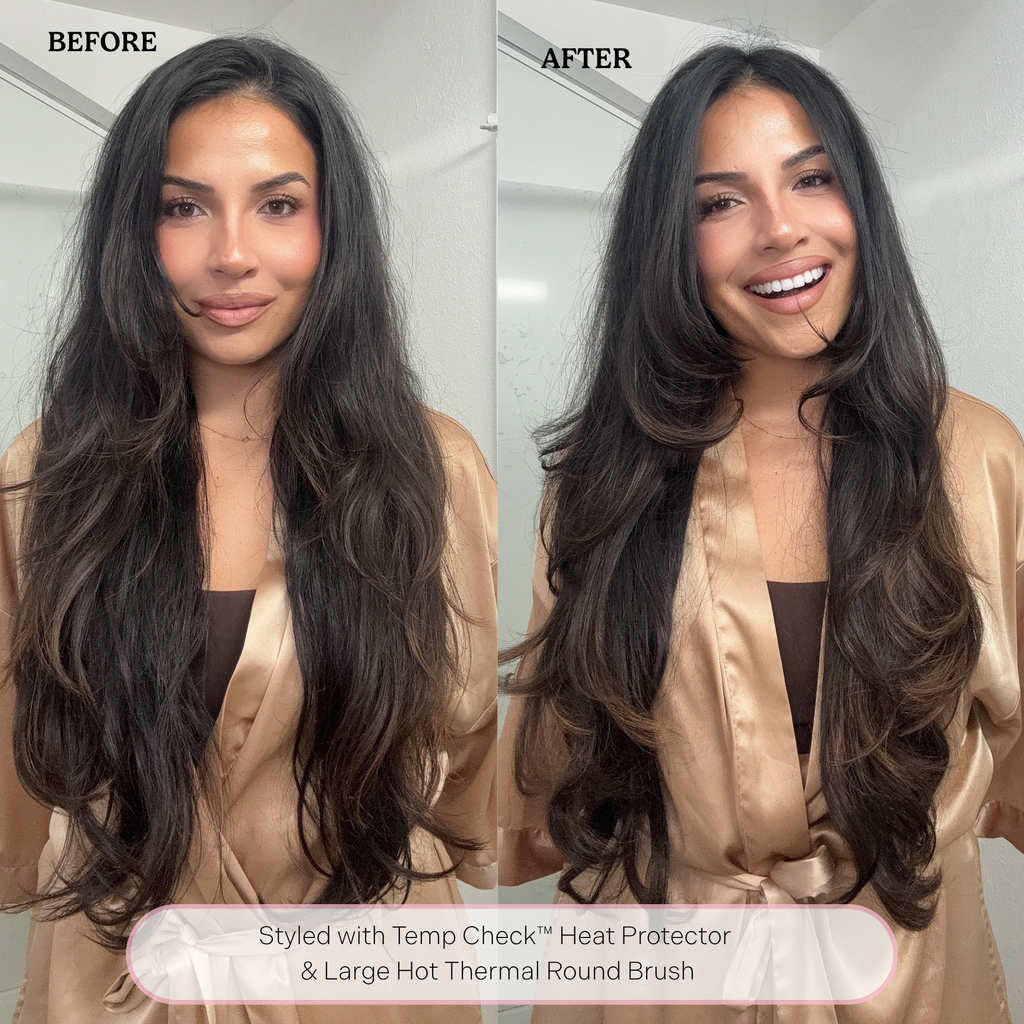 Before and after of woman using heat protector and thermal brush to style hair 
