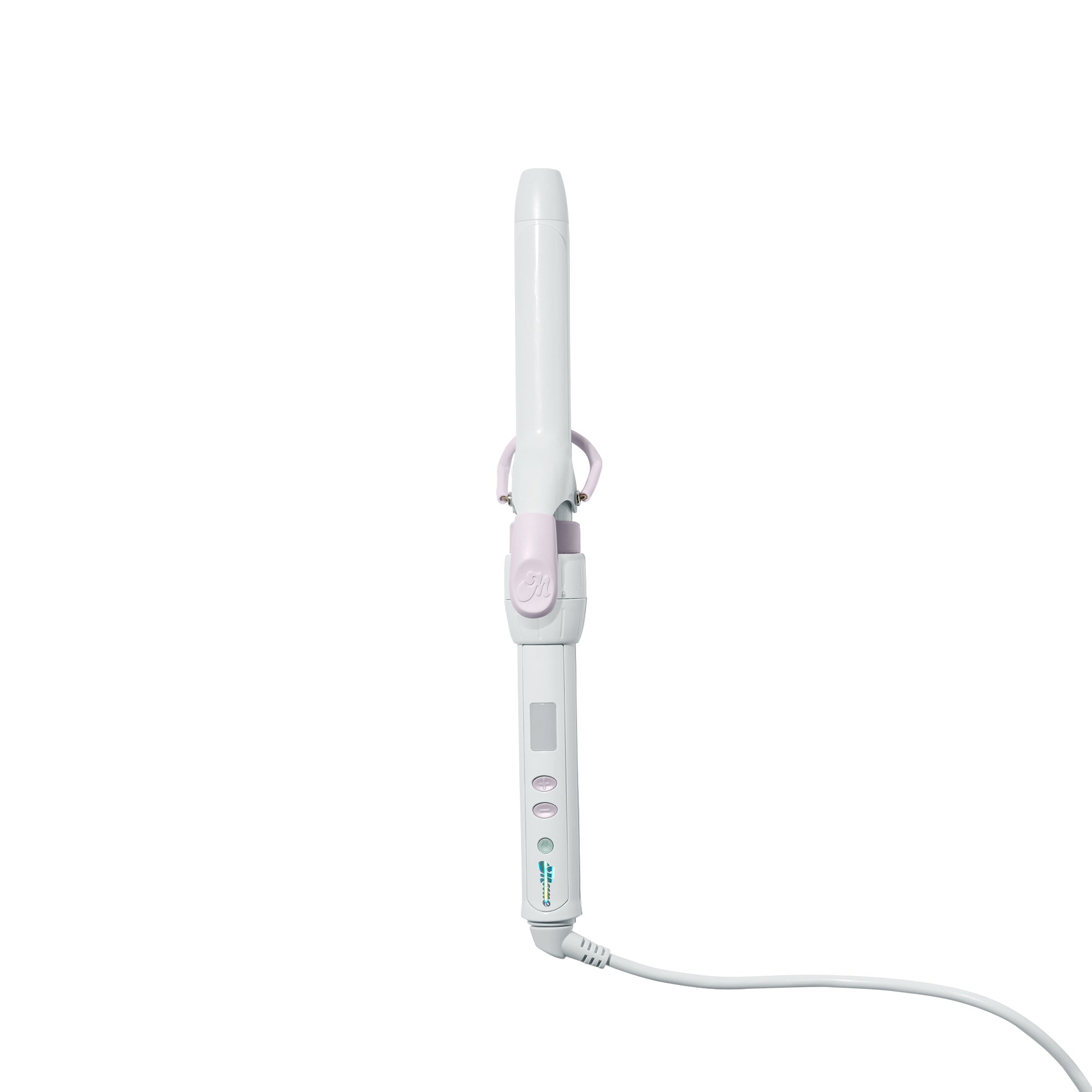 A white and light pink curling iron with a digital display screen and a white power cord, shown against a solid white background.