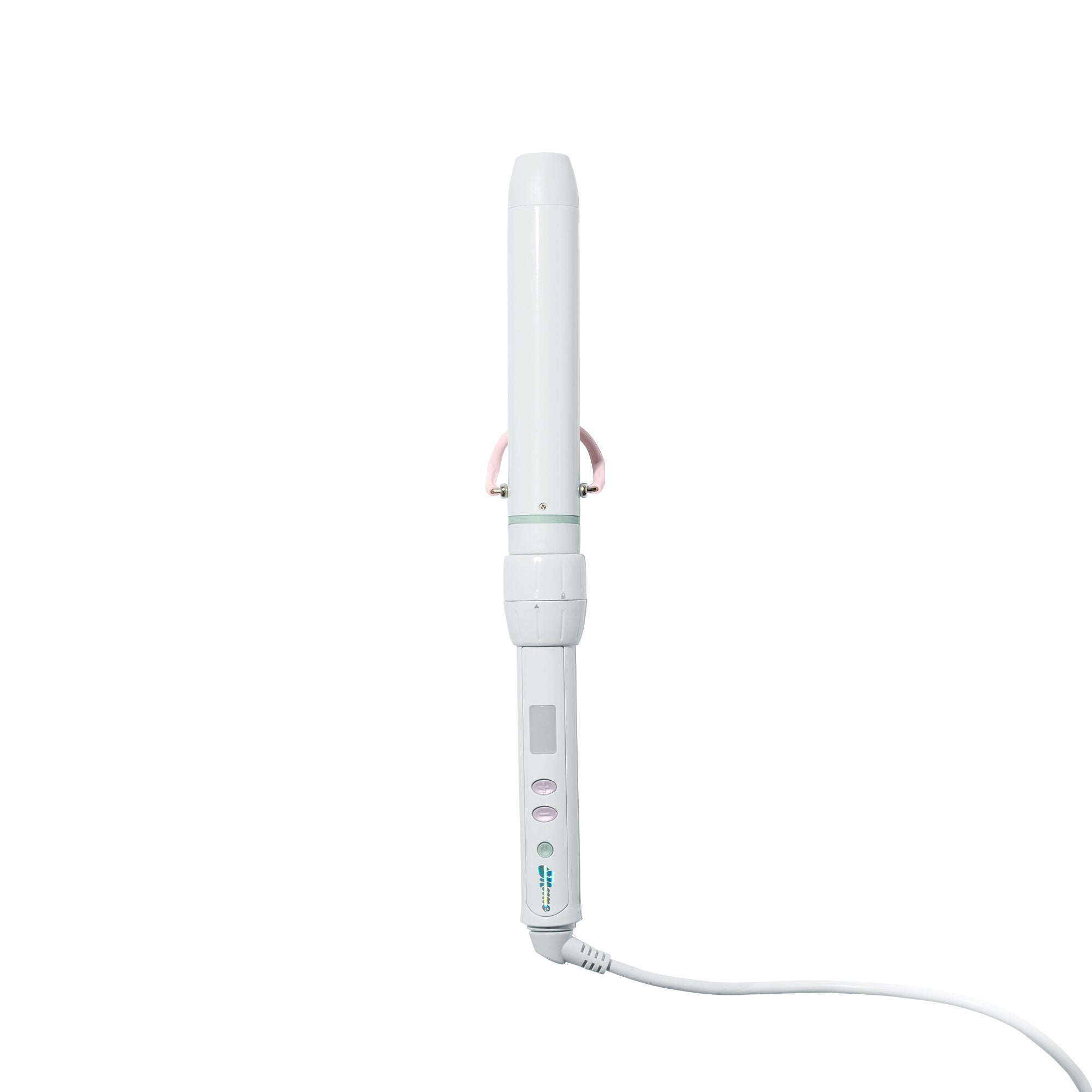 A white electric curling iron with a digital display screen and control buttons on the handle, shown on a solid white background with its power cord extending to the right.