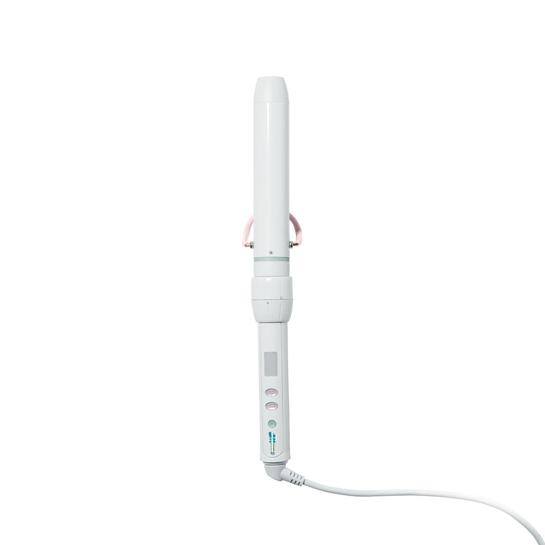 A white electric curling iron with a digital display screen and control buttons on the handle, shown on a solid white background with its power cord extending to the right.