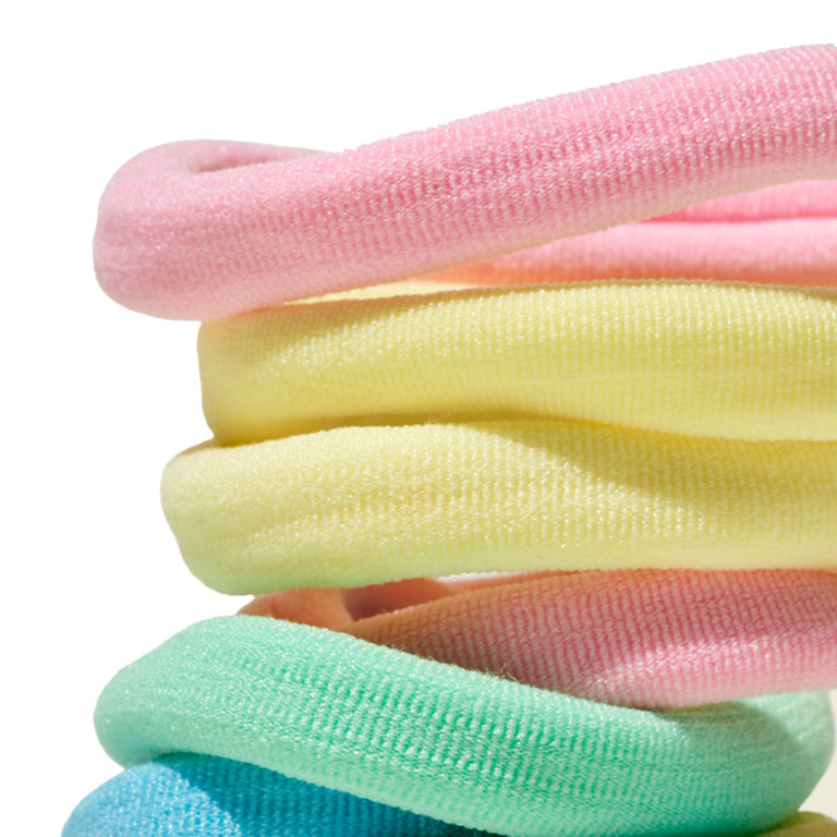 Rainbow Fabric Hair Ties Stacked Close Up Shot