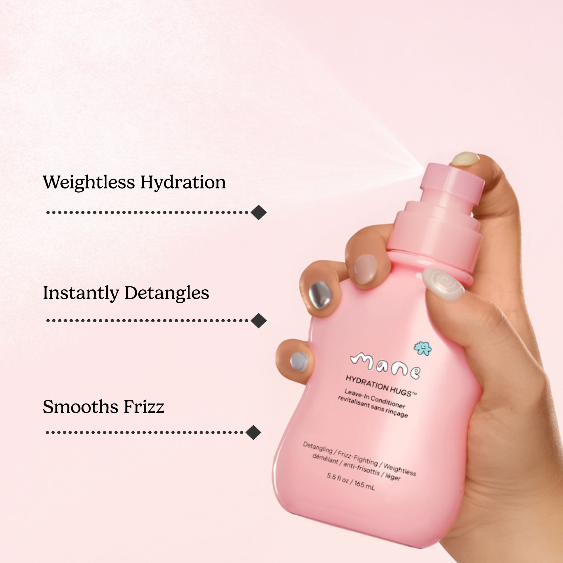 Pink bottle of Mane Hydration Hugs product held by a hand with text highlighting features on a light pink background