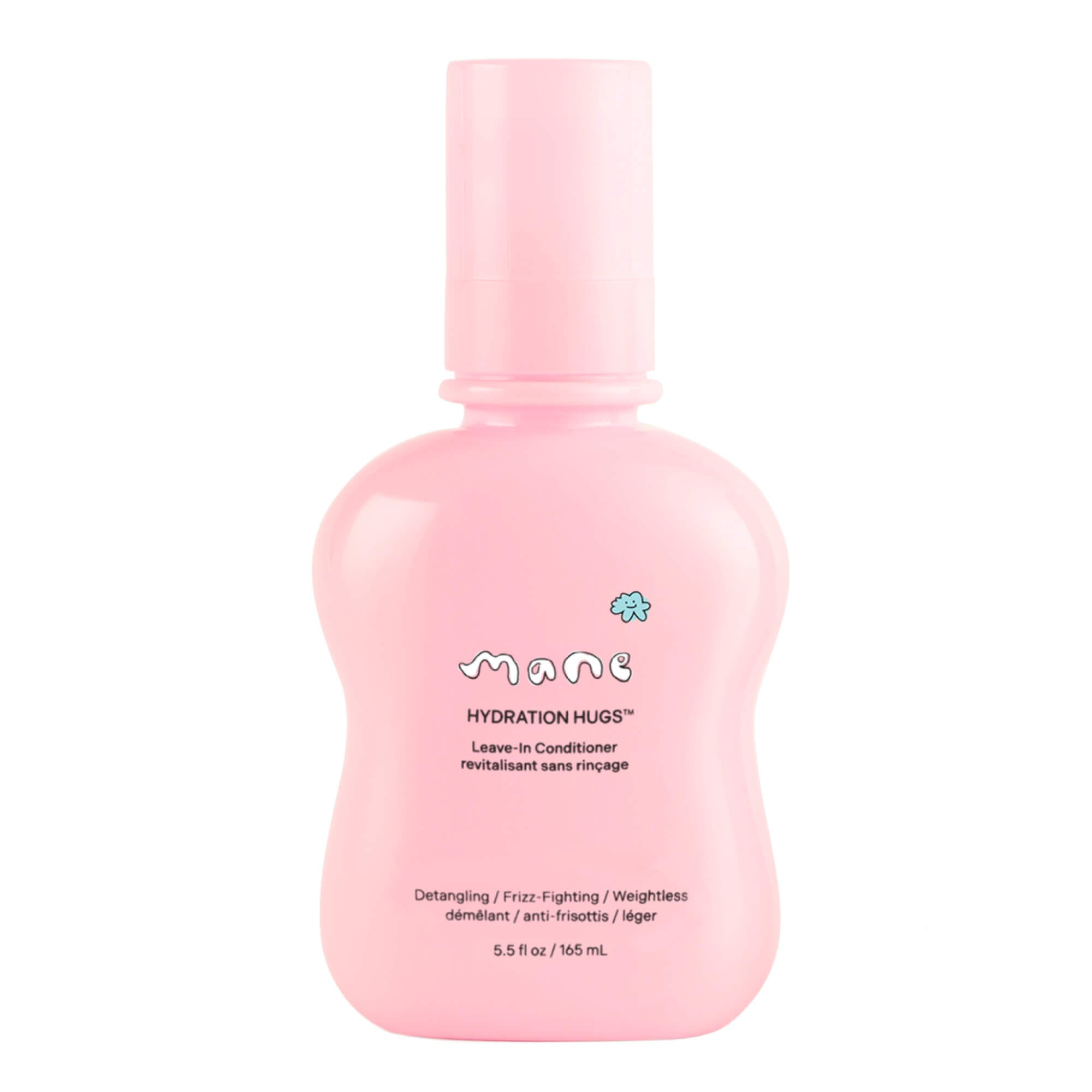 A pink bottle of Mane Hydration Hugs Leave-In Conditioner on a solid white background.