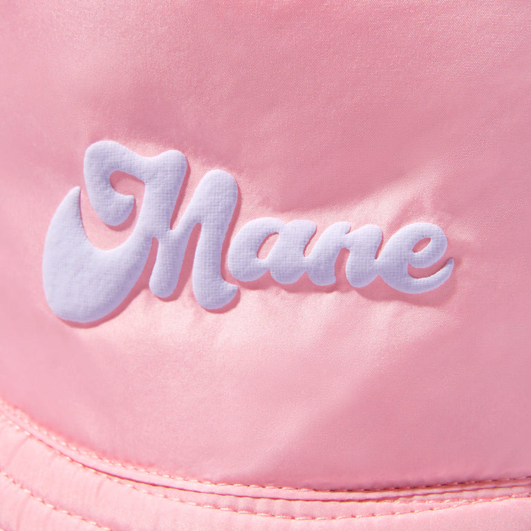 Pink puffy bucket hat logo shot