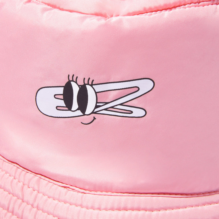 Pink puffy bucket hat logo