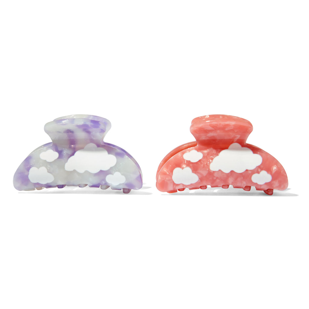 pair of mane cloudy claw clips in pink and purple