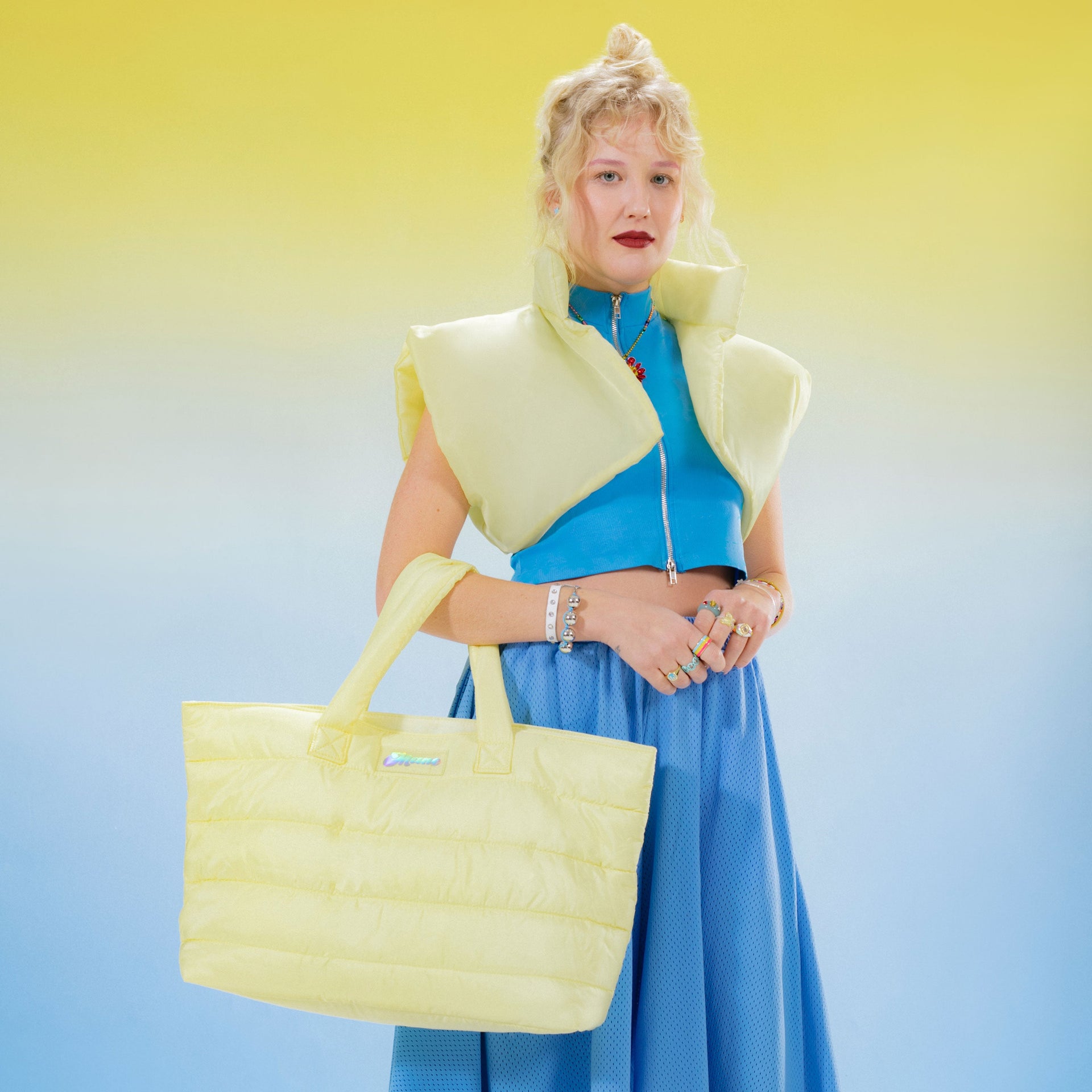 Puffy Tote Bag in Yellow on Model