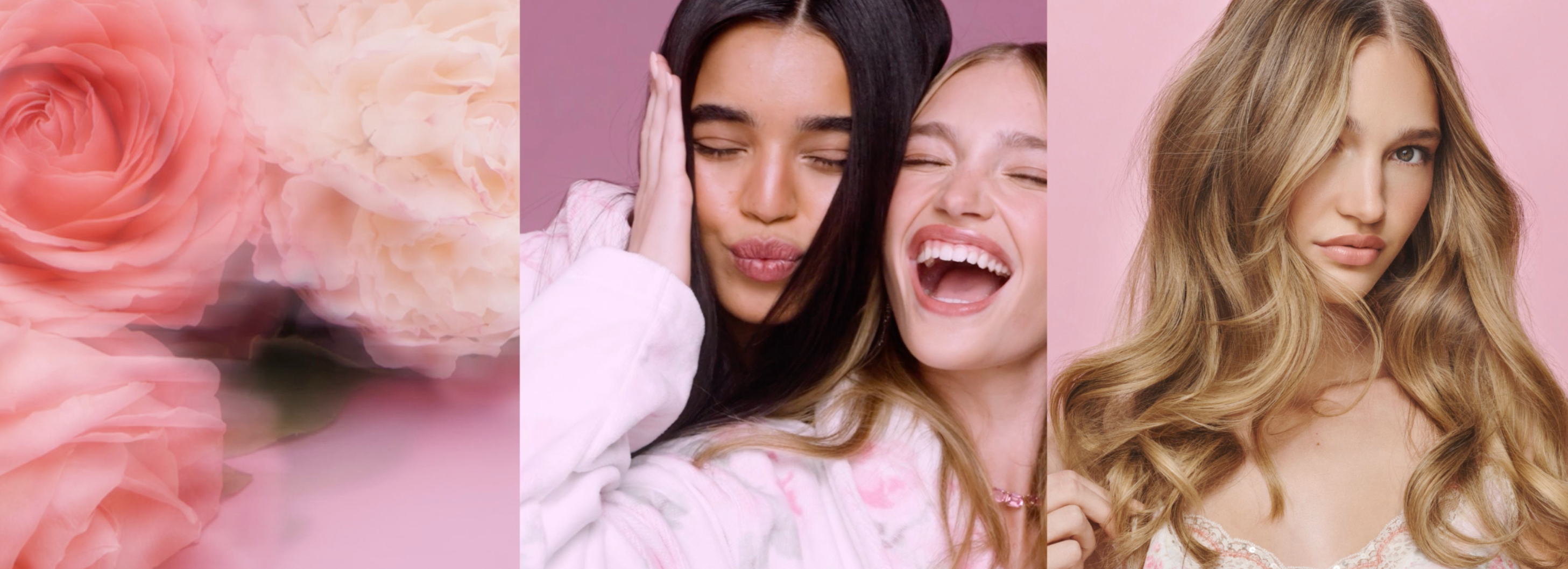 A three-panel vertical banner featuring models with long, wavy pinkish hair and a soft pink floral background on the left, with two women laughing in a pink robe in the center and a close-up of a woman with long wavy blonde hair on the right.
