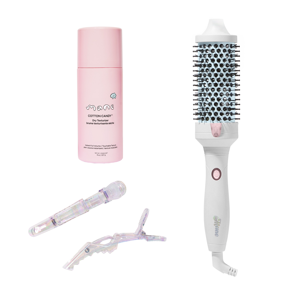 Large Hot Round Brush, Pink Texture Spray & 2 Hair Sectioning Clips on a white background