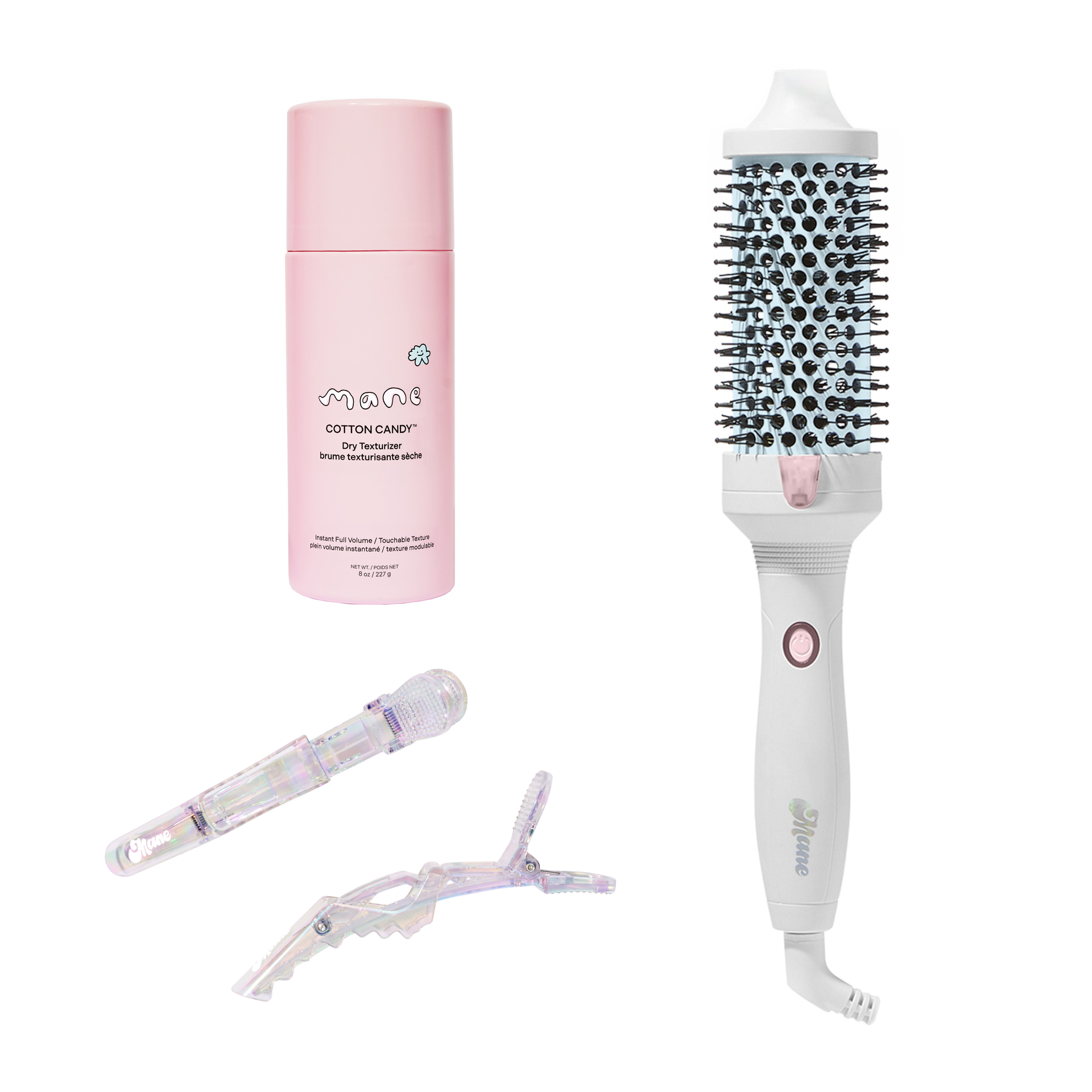 Large Hot Round Brush, Pink Texture Spray & 2 Hair Sectioning Clips on a white background