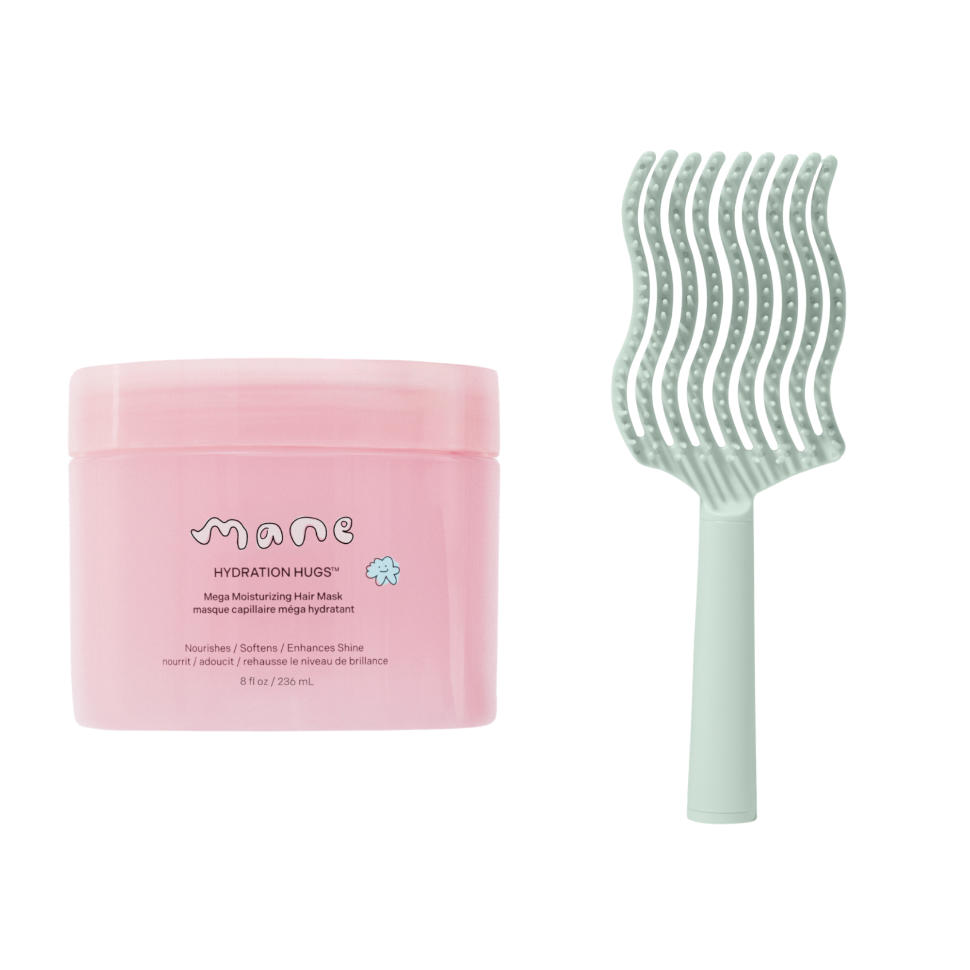 Pink hair mask container with a green comb on a white background