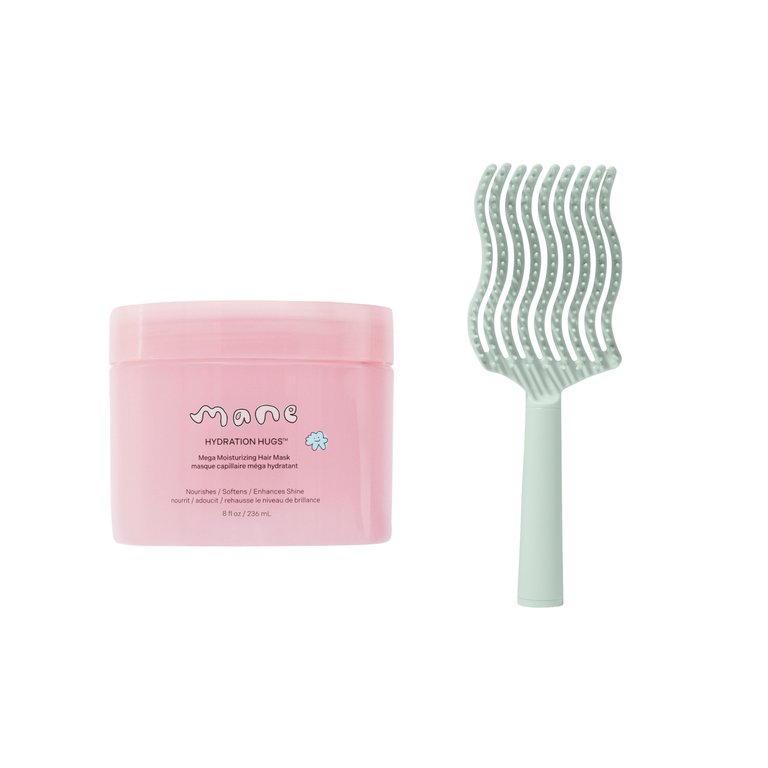 Pink hair mask container with a green comb on a white background