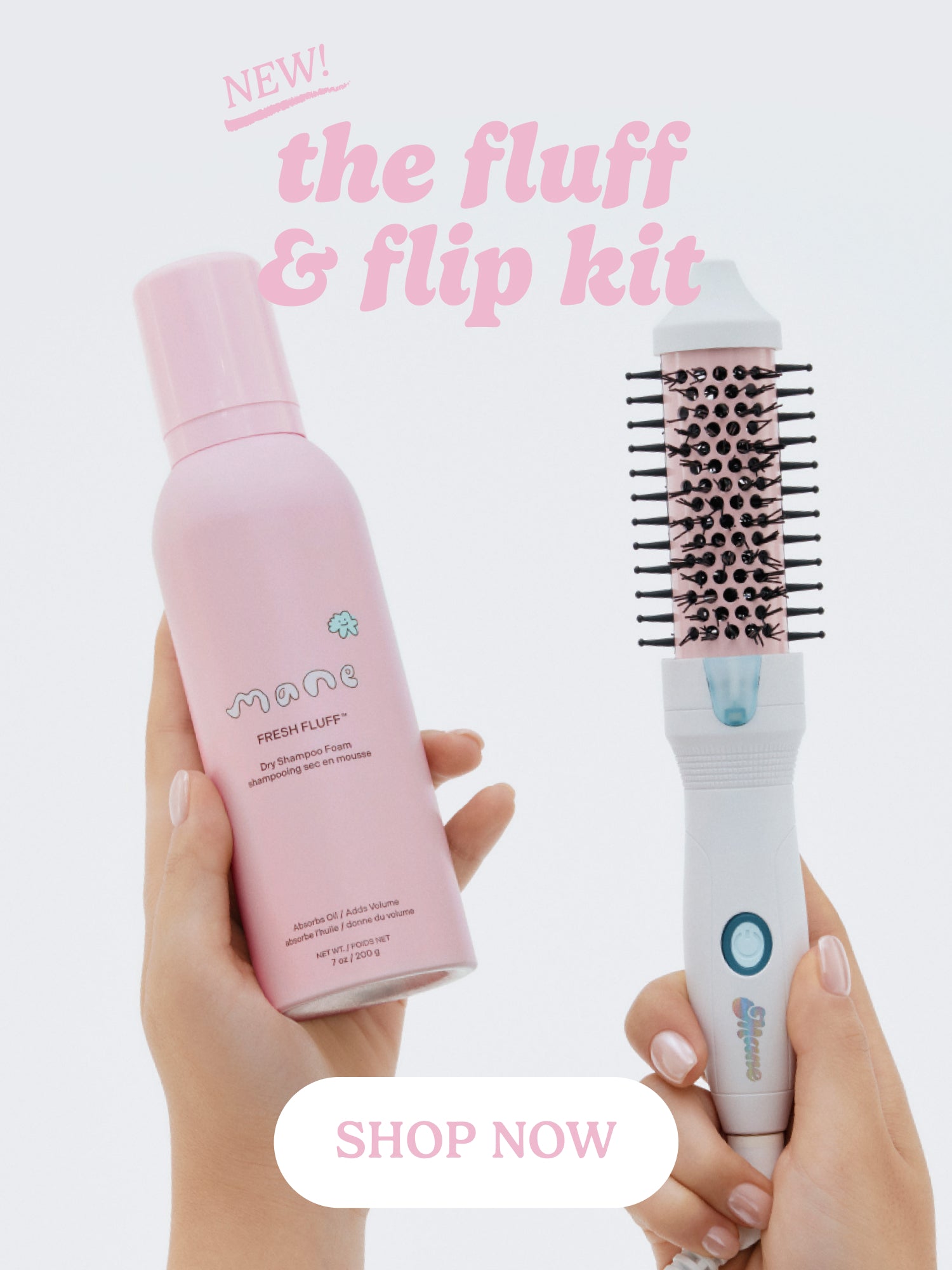 Pink bottle and white hairbrush with text 'the fluff & flip kit' on a light pink background
