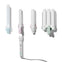 A set of white hair styling tools and accessories arranged on a clean white background, including several barrel-style curling irons in pastel colors, a handheld controller, and a cord. No person, animal, or real environment is present.