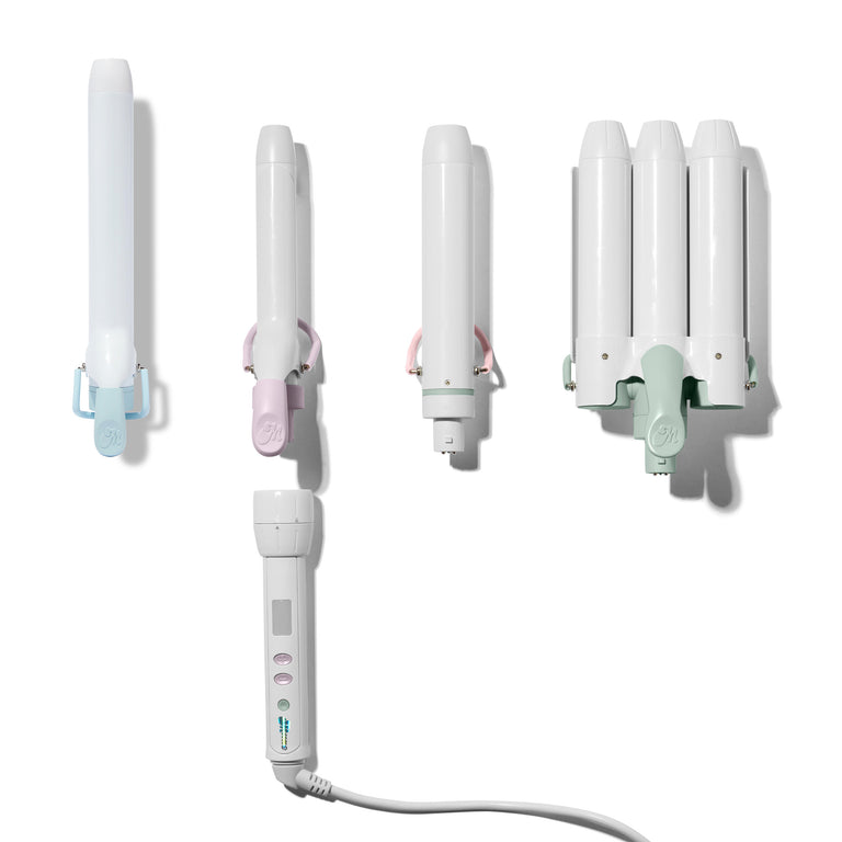 A set of white hair styling tools and accessories arranged on a clean white background, including several barrel-style curling irons in pastel colors, a handheld controller, and a cord. No person, animal, or real environment is present.