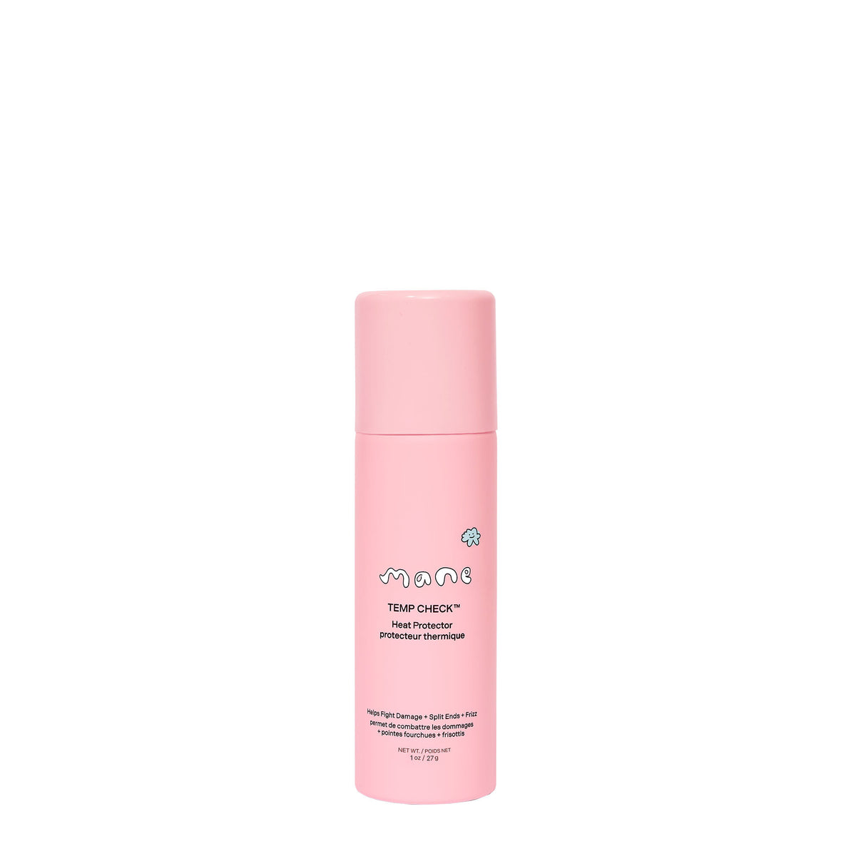 Pink cylindrical bottle of Temp Check Heat Protector spray against a white background
