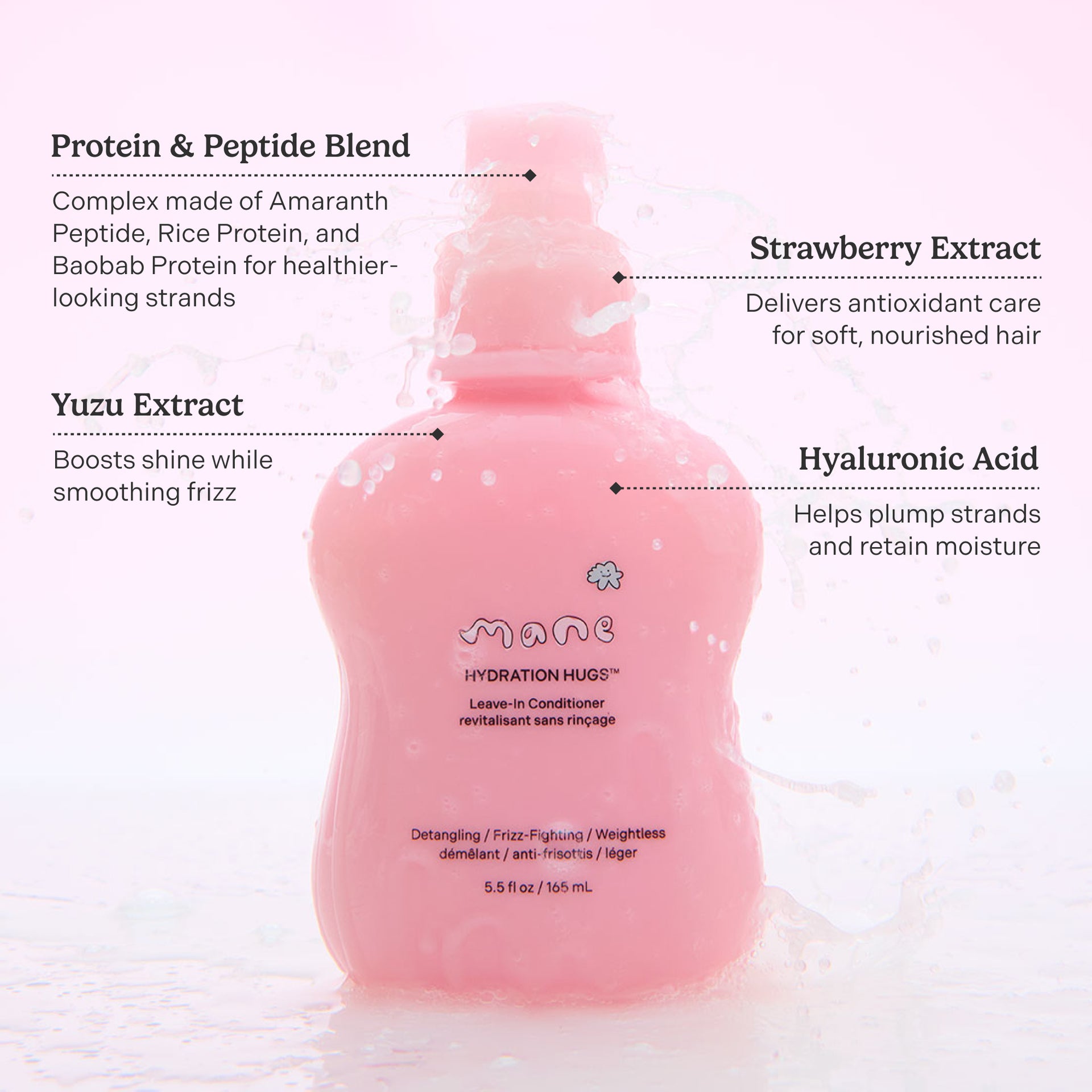 Pink bottle of Mane Hydration Hugs conditioner with text detailing ingredients on a white background